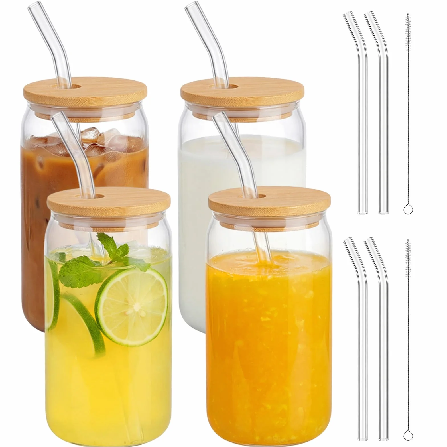 Bicchieri da Caffè in Vetro Riutilizzabili 500ml Set di 4 con Cannuccia e Coperchio