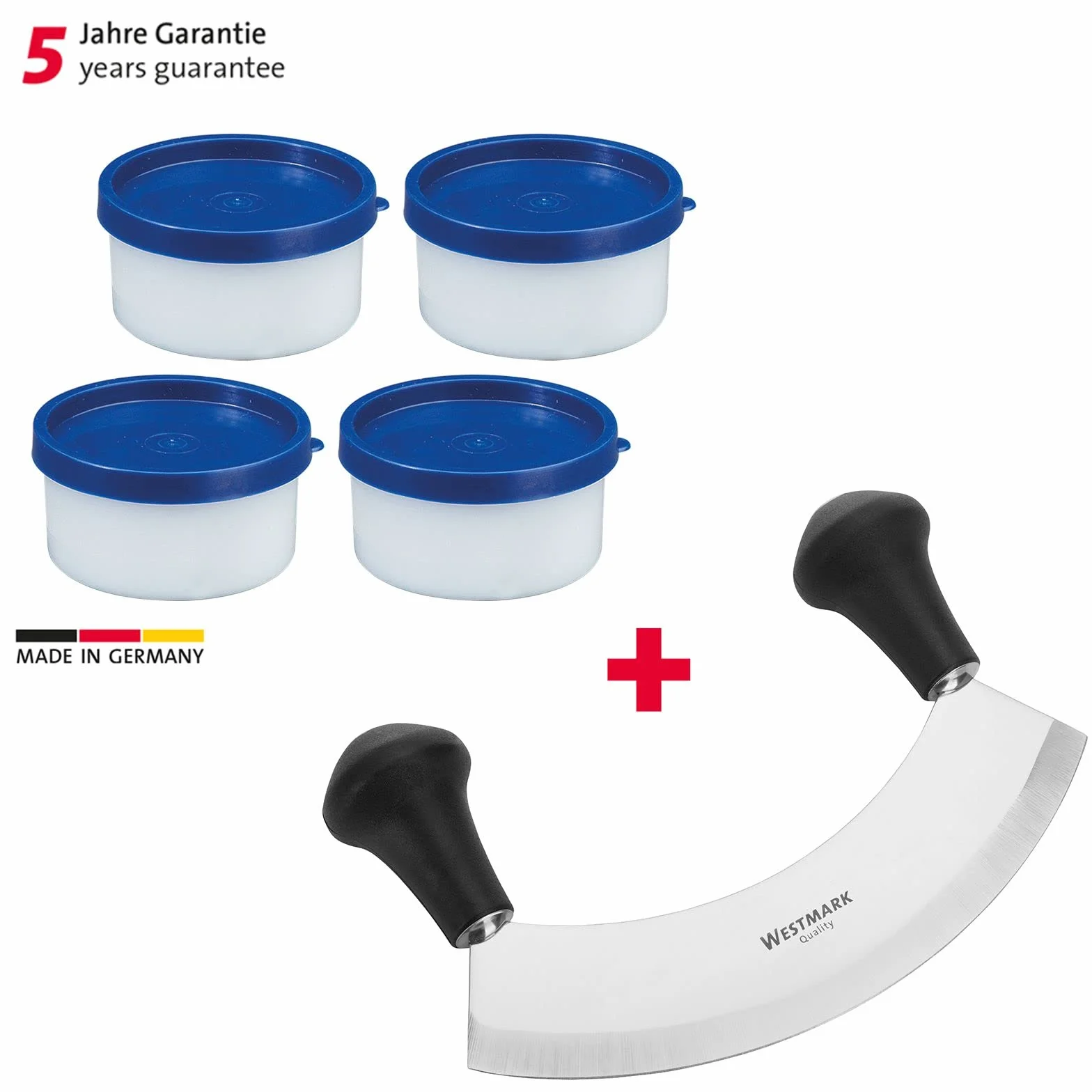 Westmark Set per Erbe, 5 Pezzi, 1 Mezzaluna + 4 Vasetti per Erbe per Congelare, Acciaio Inox/Plastica, Argento/Nero/Blu, 129322E6