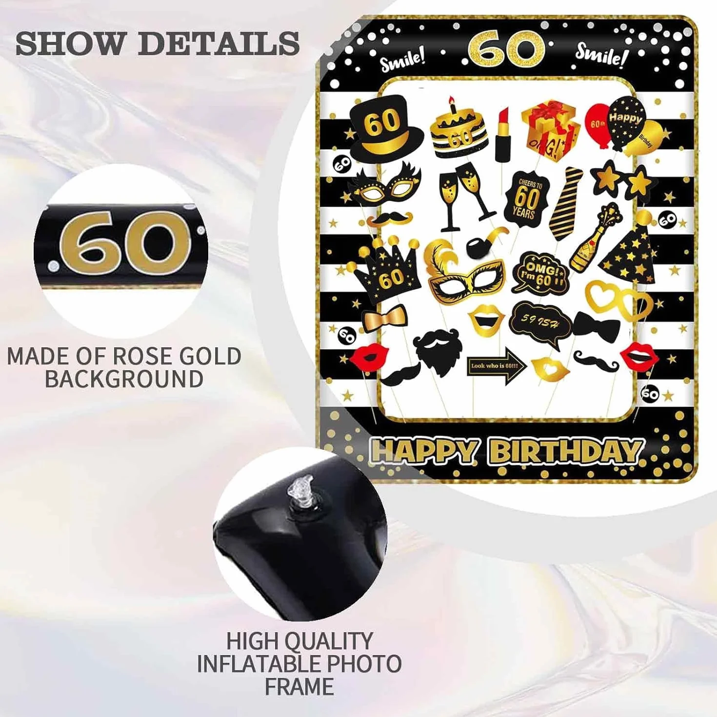 Photo Booth Compleanno Accessori 60 Anni Fai da Te Carta Foto Frame Baffi Occhiali Cappelli