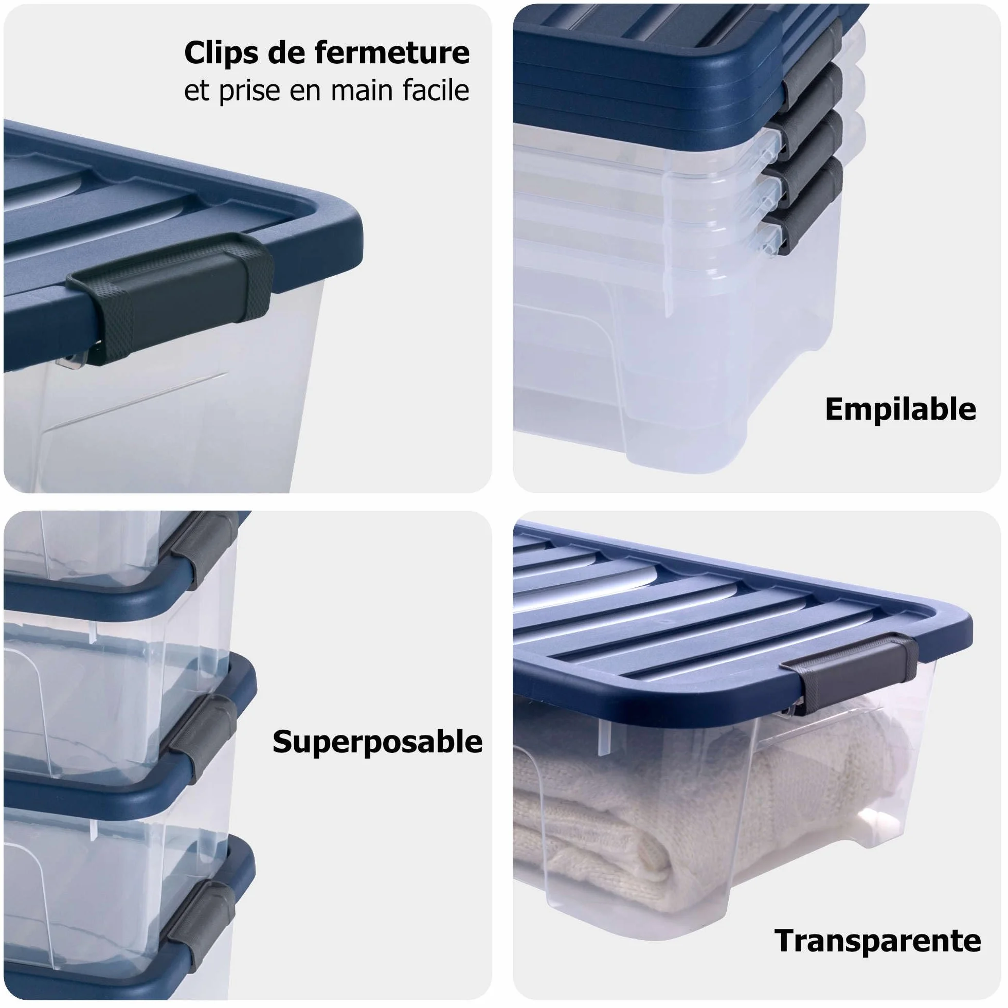 SUNDIS Wave Box, 9 scatole portaoggetti 25L, con coperchio a clip | Impilabile, plastica trasparente, ideale per riporre oggetti in camera da letto, spogliatoio, ufficio o ripostiglio
