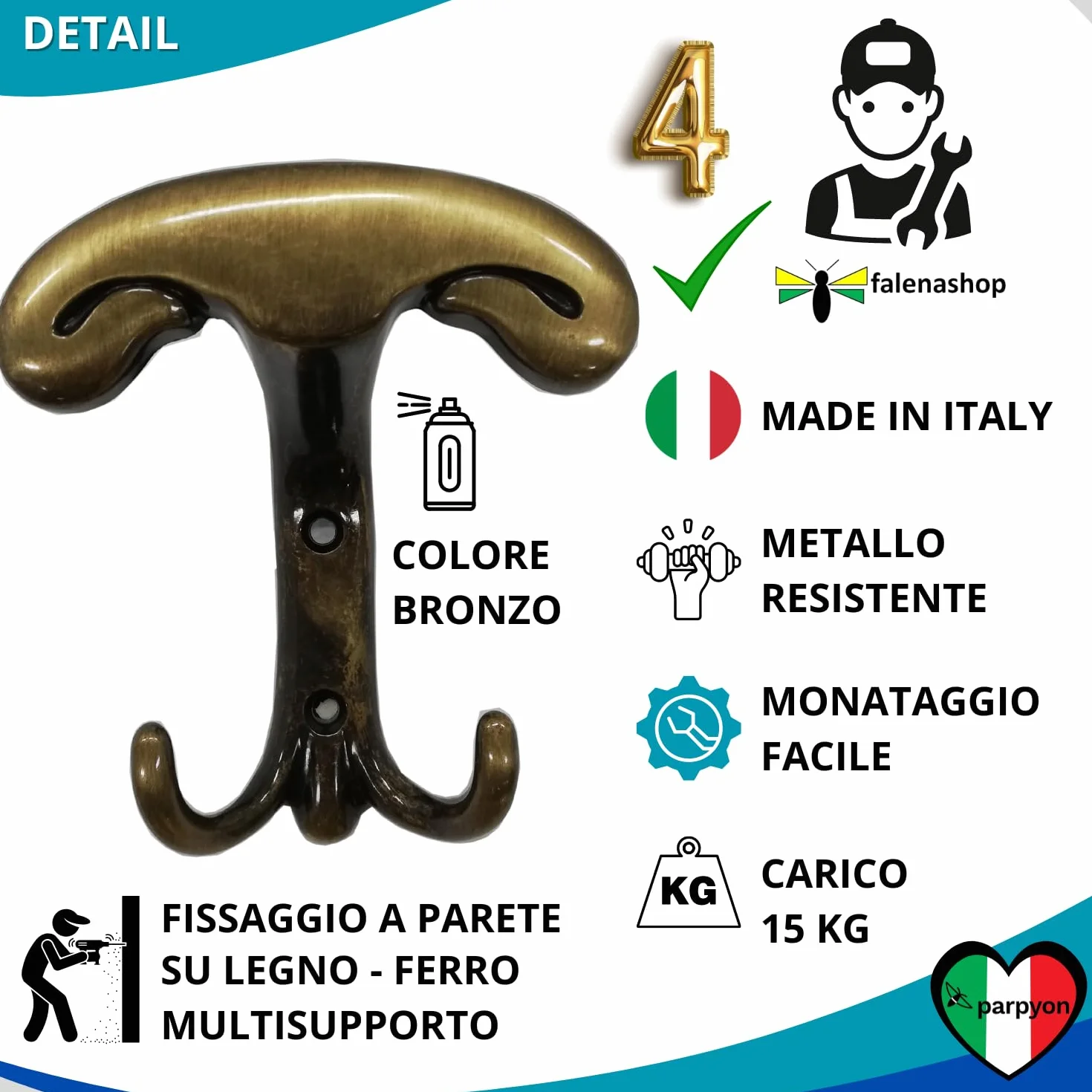 Appendiabiti a Parete 4 Ganci, Porta Asciugamani Bagno, Attaccapanni da Muro Ingresso (BRONZO)