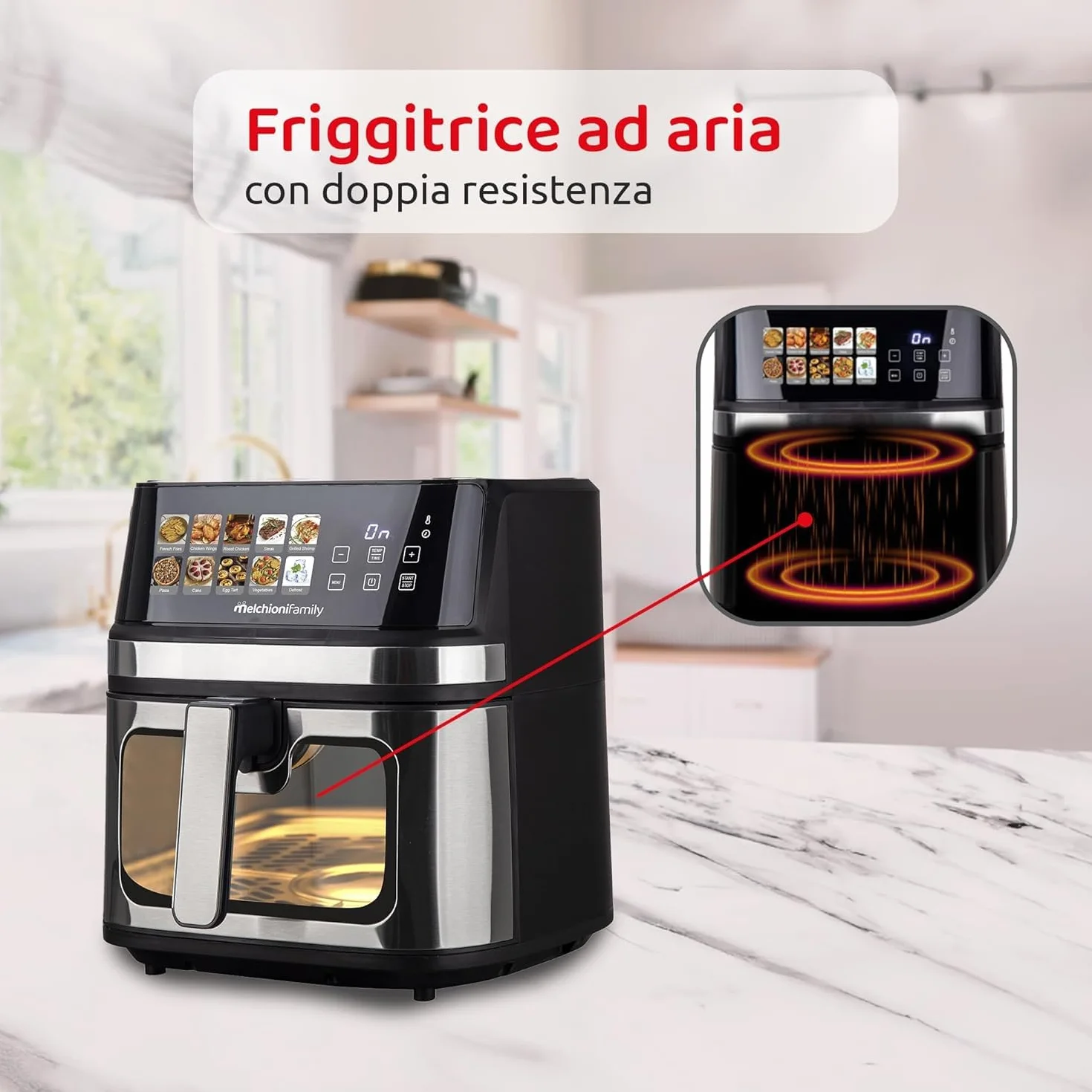 Melchioni Gaia Plus Friggitrice ad Aria 8 Litri 2200 Watt Display LED 10 Programmi Timer 60 Minuti Vetro Ricondizionato