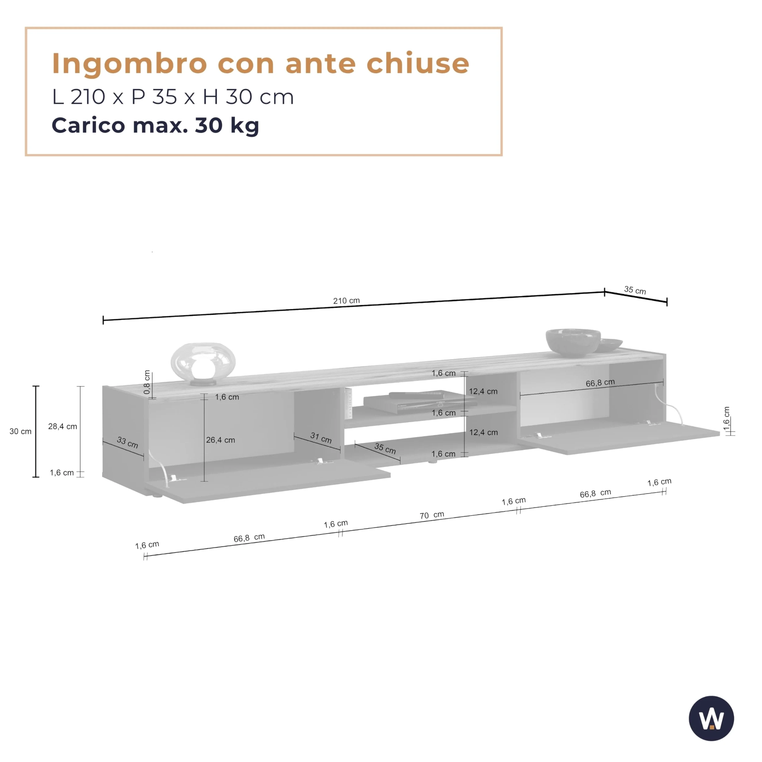 WHOUS Mobile Porta TV Sospeso GARDA per Soggiorno con 2 Ante a Ribalta e 1 Ripiano Centrale, Mobile Tv a Parete per Salotto, 210x35x30 cm, Antracite Opaco e Rovere
