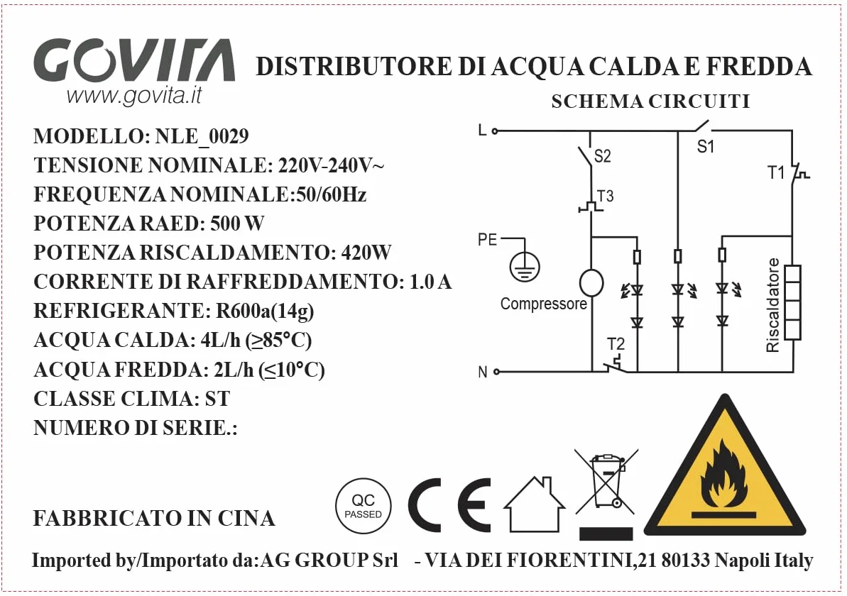 GOVITA Water Dispenser Boccioni Refrigerante Colonnina da Terra Bianco