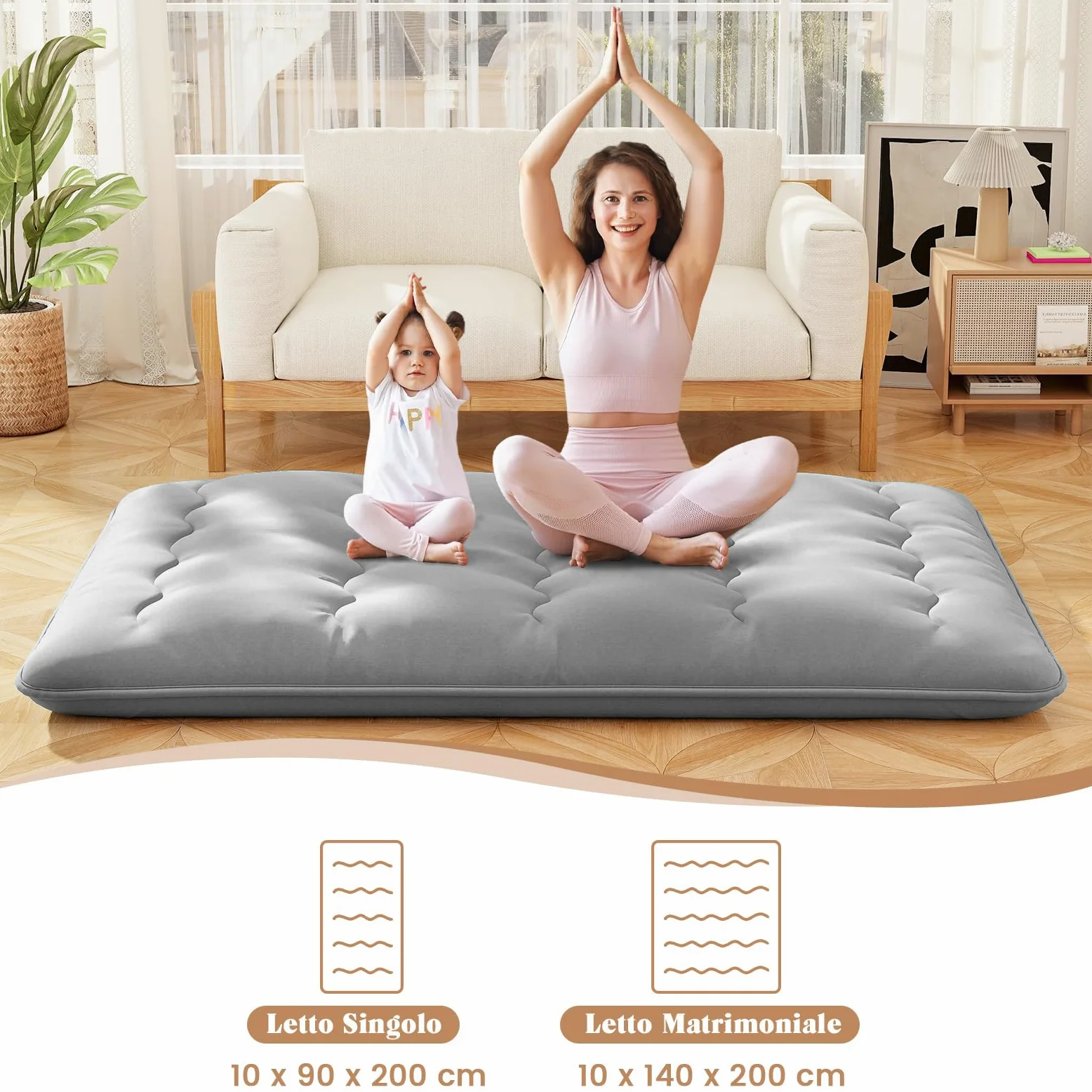 COSTWAY Materasso Futon Pieghevole, Materasso Portatile con Sacca da Trasporto per Camping, Materasso da Terra con Copertura Lavabile (Grigio,200 x 140 cm)