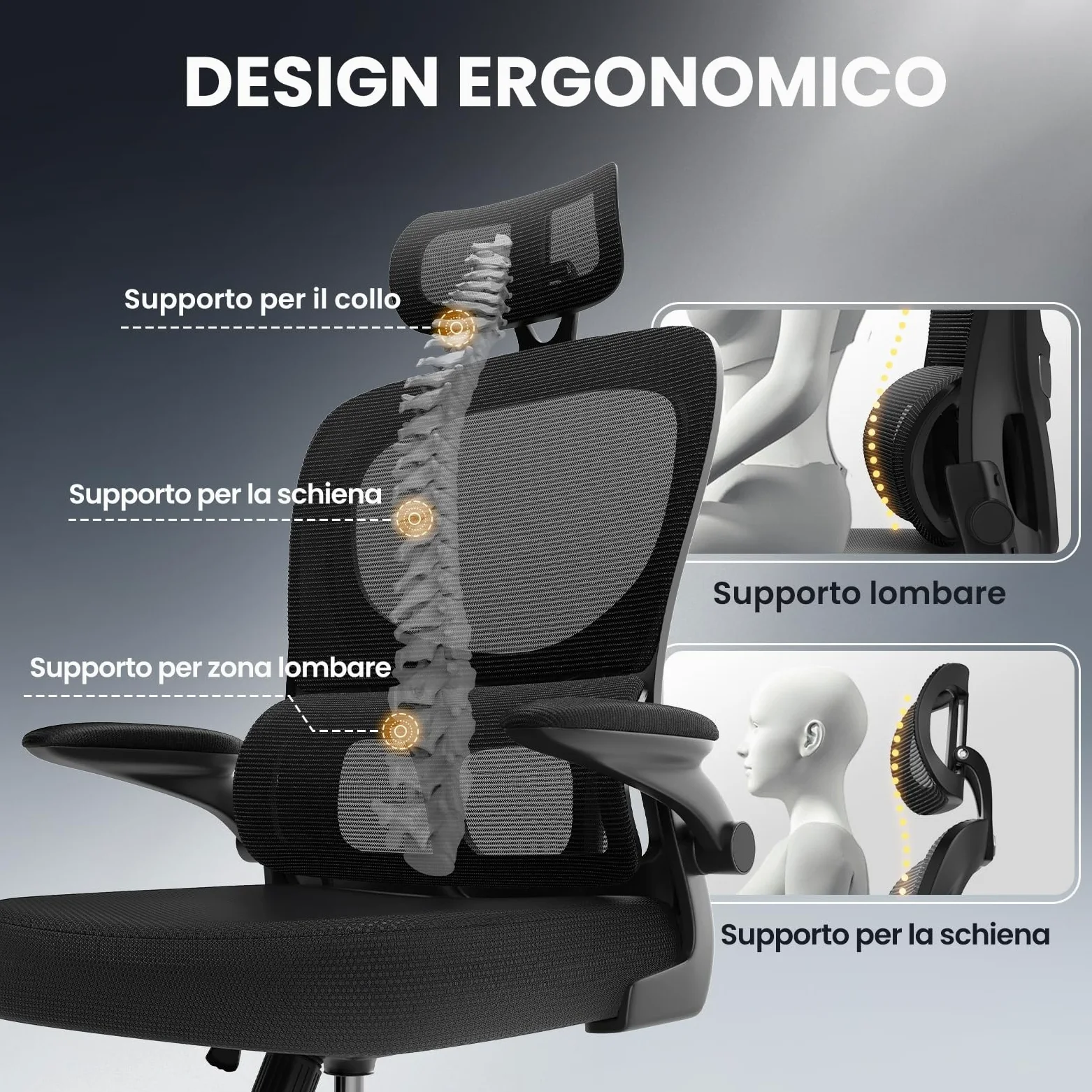 naspaluro Sedia Ufficio Ergonomica, Sedia Scrivania Con Supporto Lombare a Forma Di C, Schienale E Poggiatesta Regolabili, Braccioli Reversibili, Sedile in Rete Traspirante per L'ufficio, Nera