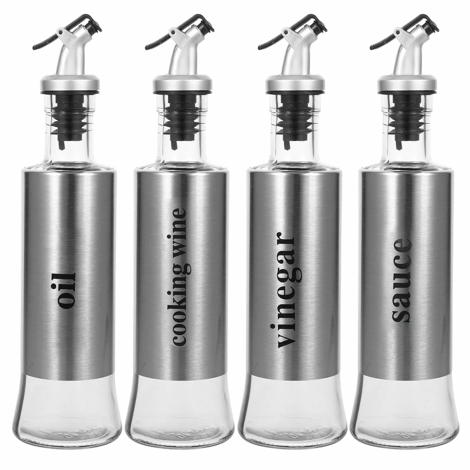 Set Design Antigoccia Oliera Dosatore in Vetro e Acciaio Inossidabile 4 Pezzi 300ml per Olio e Aceto per Cucine Domestiche ed Eleganti