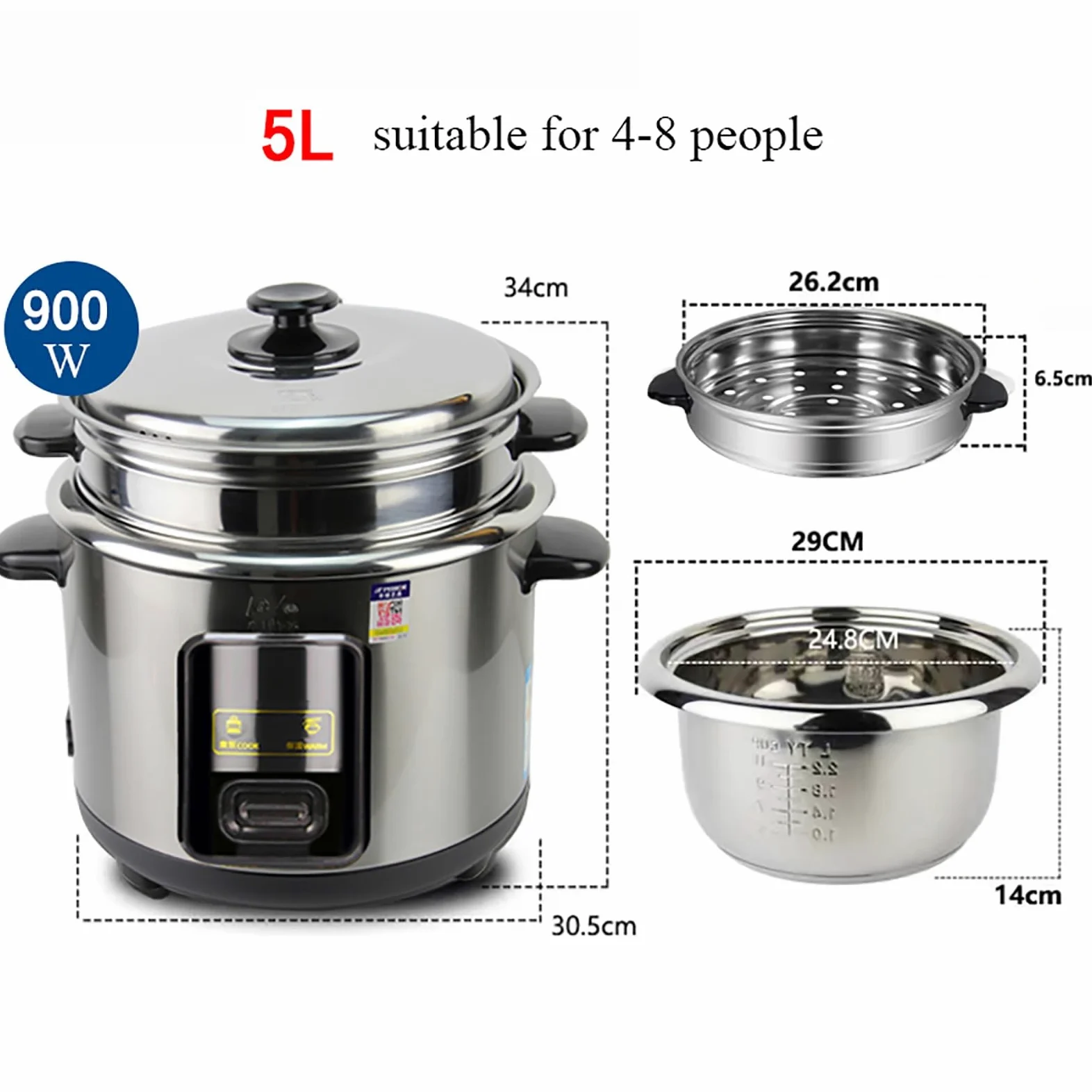 Cuociriso (2-6L) Pentola interna in acciaio inossidabile 304, isolamento intelligente, prepara riso e cibo a vapore e verdure, alimentazione 220-240V US/EU(4L)