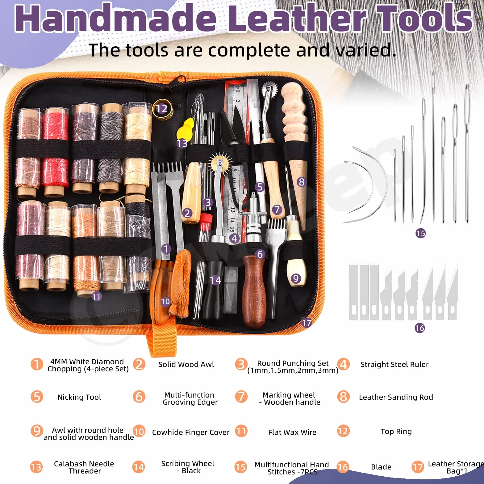 Swpeet Kit da 46 pezzi per artigianato in pelle, strumenti e forniture con punteruolo per scanalare filo cerato, punzonatrice, ruota da tracciamento, aghi da cucito e altro ancora