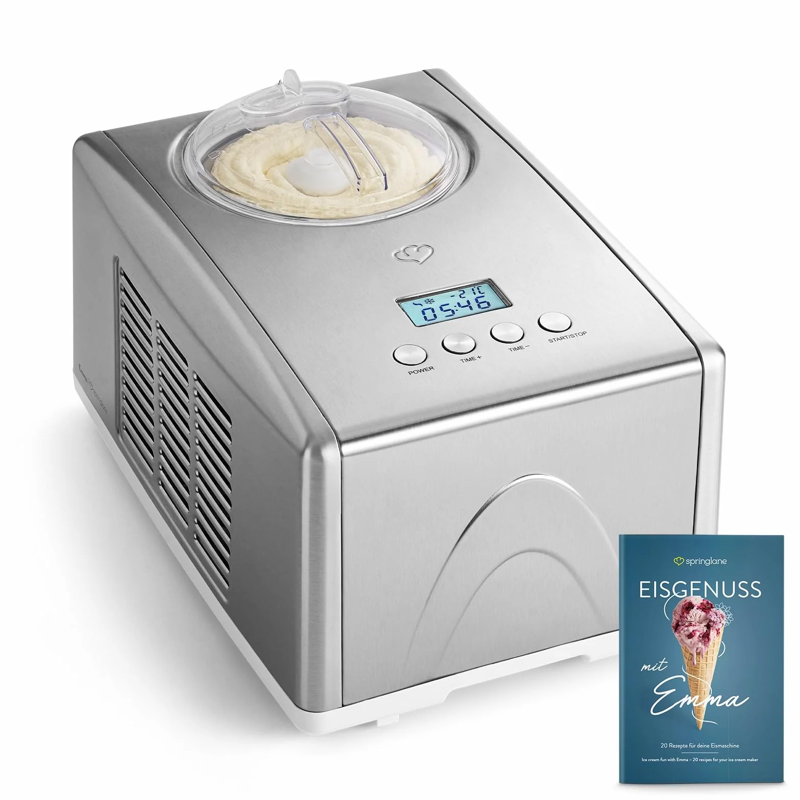 SPRINGLANE Gelatiera Emma 1,5 L con compressore autoraffreddante 150 W, in acciaio inossidabile con contenitore per il ghiaccio rimovibile (Argento, 1.5 L)