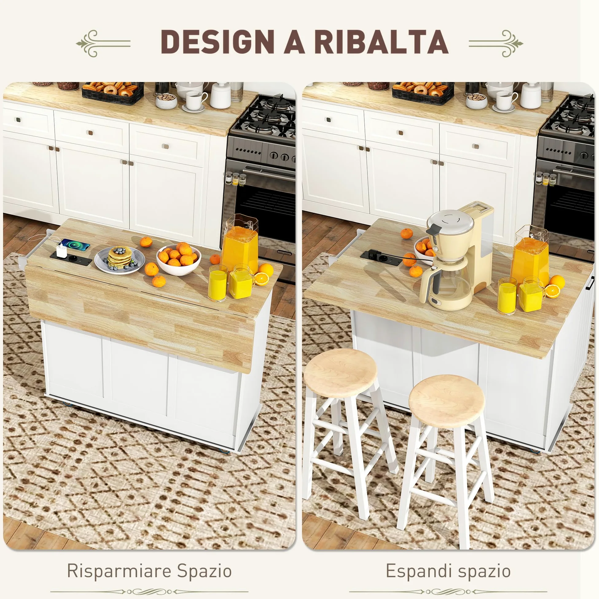 HOMCOM Isola Cucina con Ruote, Carrello Cucina con Stazione di Ricarica, Piano a Ribalta in Legno, Ripiani Regolabili, 2 Cassetti, Armadietto Estraibile, Portaspezie a Porta, Portasciugamani, Bianco