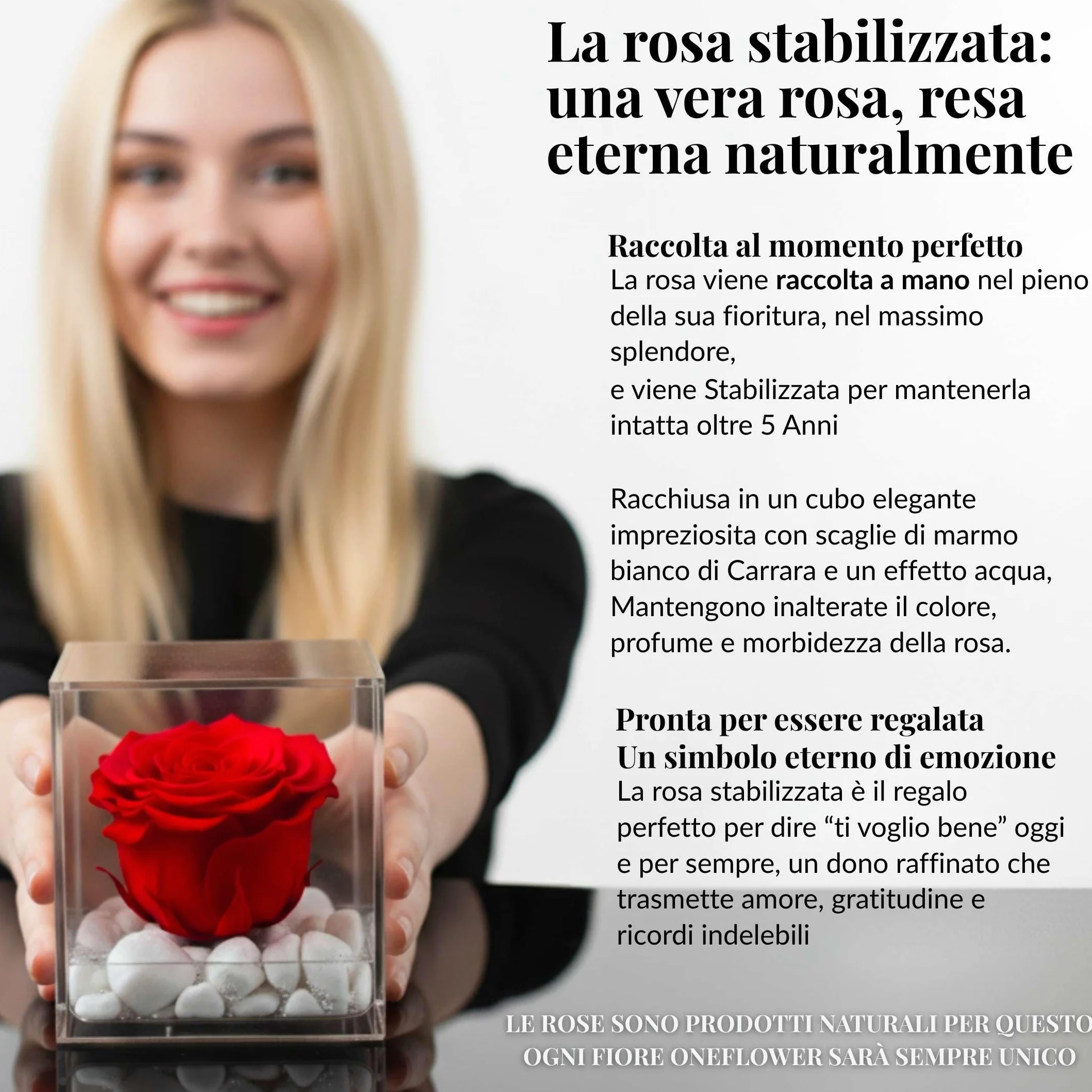 Cubo Rosa Stabilizzata Rossa 6 cm con Marmo di Carrara - Rosa Eterna Idea Regalo San Valentino Festa Mamma Made in Italy