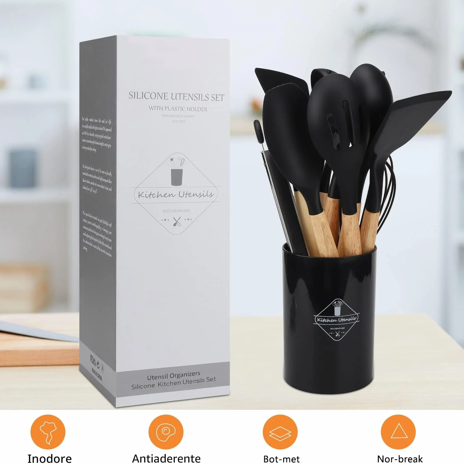 Utensili Cucina Silicone, 22 Pezzi Resistente al Calore Antiaderenti Utensili da Mestoli Cucina in Silicone con Manico in Legno - 10 Ganci a S, Lavabili in Lavastoviglie Nero