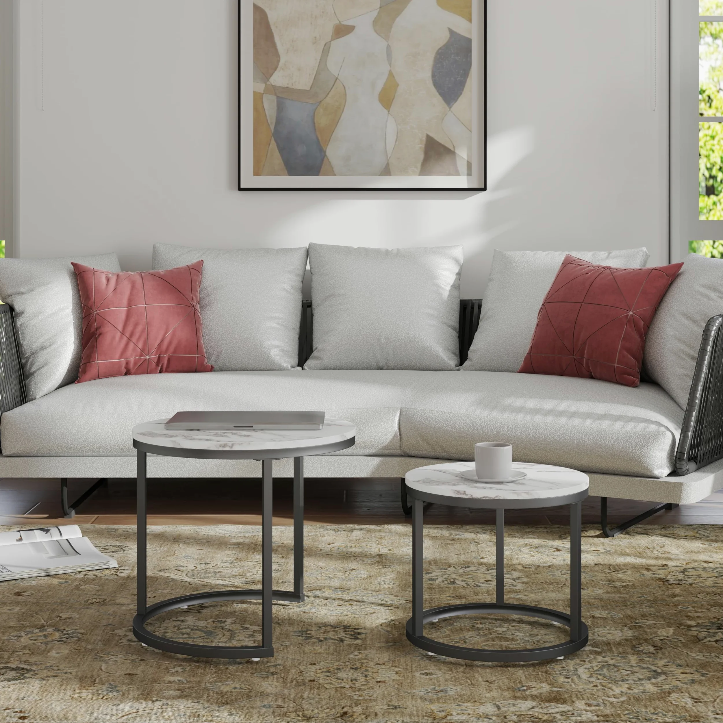 Tavolino Salotto Rotondo, Set di 2 Tavolino Soggiorno Moderno, Gamba in Metallo Nero, Adatto per Soggiorno, Caffetteria, Lounge 50x45cm +40x35cm (Bianco+Nero)