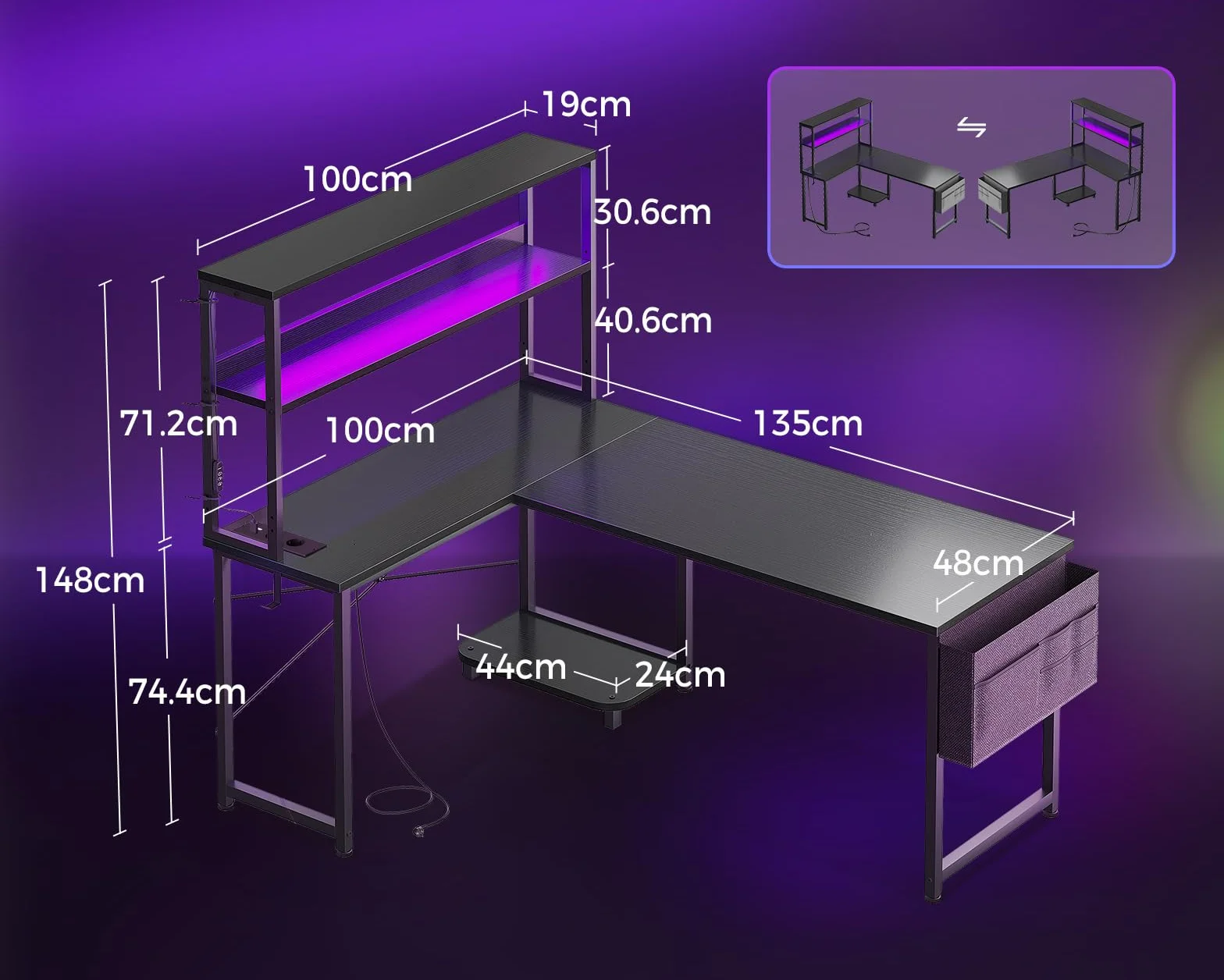 Coleshome Scrivania Gaming con LED e Prese, 135 × 100 cm Scrivania Gaming Angolare Reversibile con Scaffali Portaoggetti, Scrivania Angolare con Borsa Portaoggetti per Giocatori, Nero