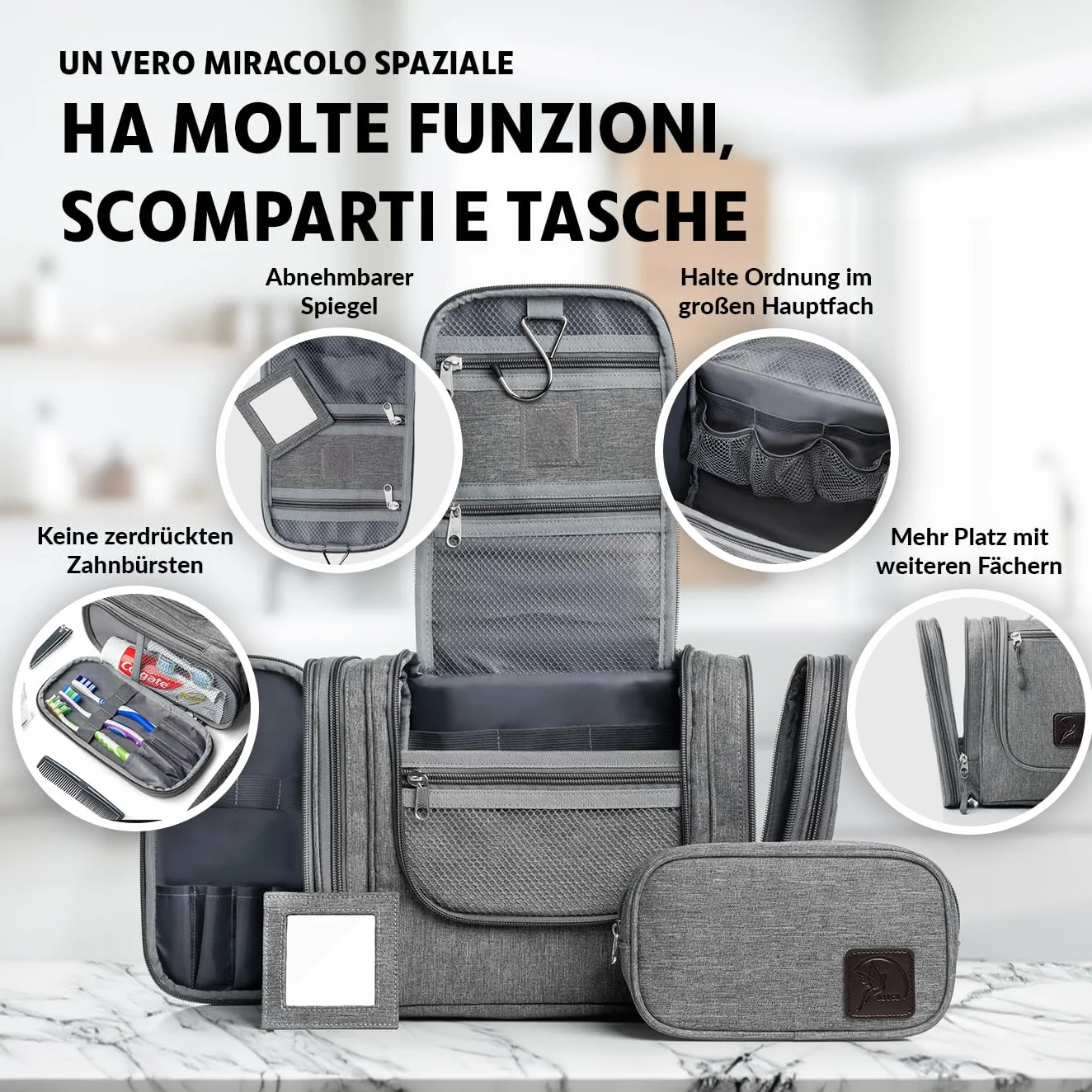 Obics® Beauty case da viaggio per uomo e donna 8L (grande) grigio XXL - Borsa da toilette e trousse da appendere con specchio - Sacchetto per cosmetici e toiletry per viaggi, campeggio (10 scomparti)