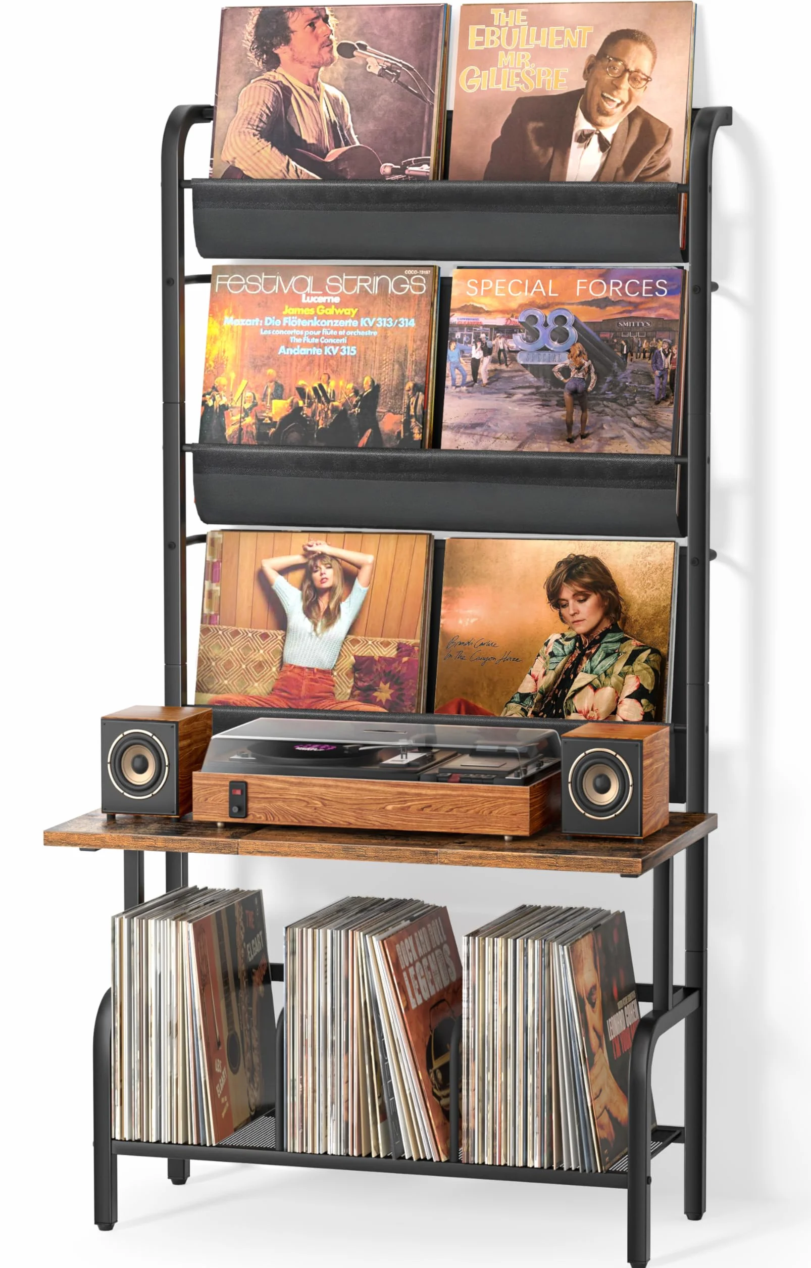 Bikoney Mobile per Giradischi con Porta Vinili a 3 Livelli, Supporto ad Alta Capacità per 300 Album e Dischi LP, Tavolino con Fissaggio a Parete per Massima Stabilità, Grande