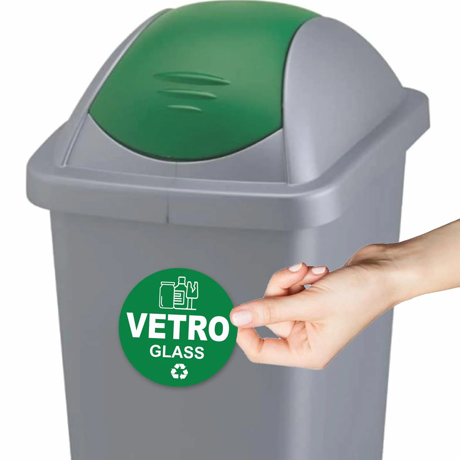 12 Adesivi Raccolta Differenziata Formato 9.5 cm di diametro - Etichette per Contenitori Rifiuti in Italiano e Inglese - Adesivo per Riciclo Lavabile Antigraffio Resistente