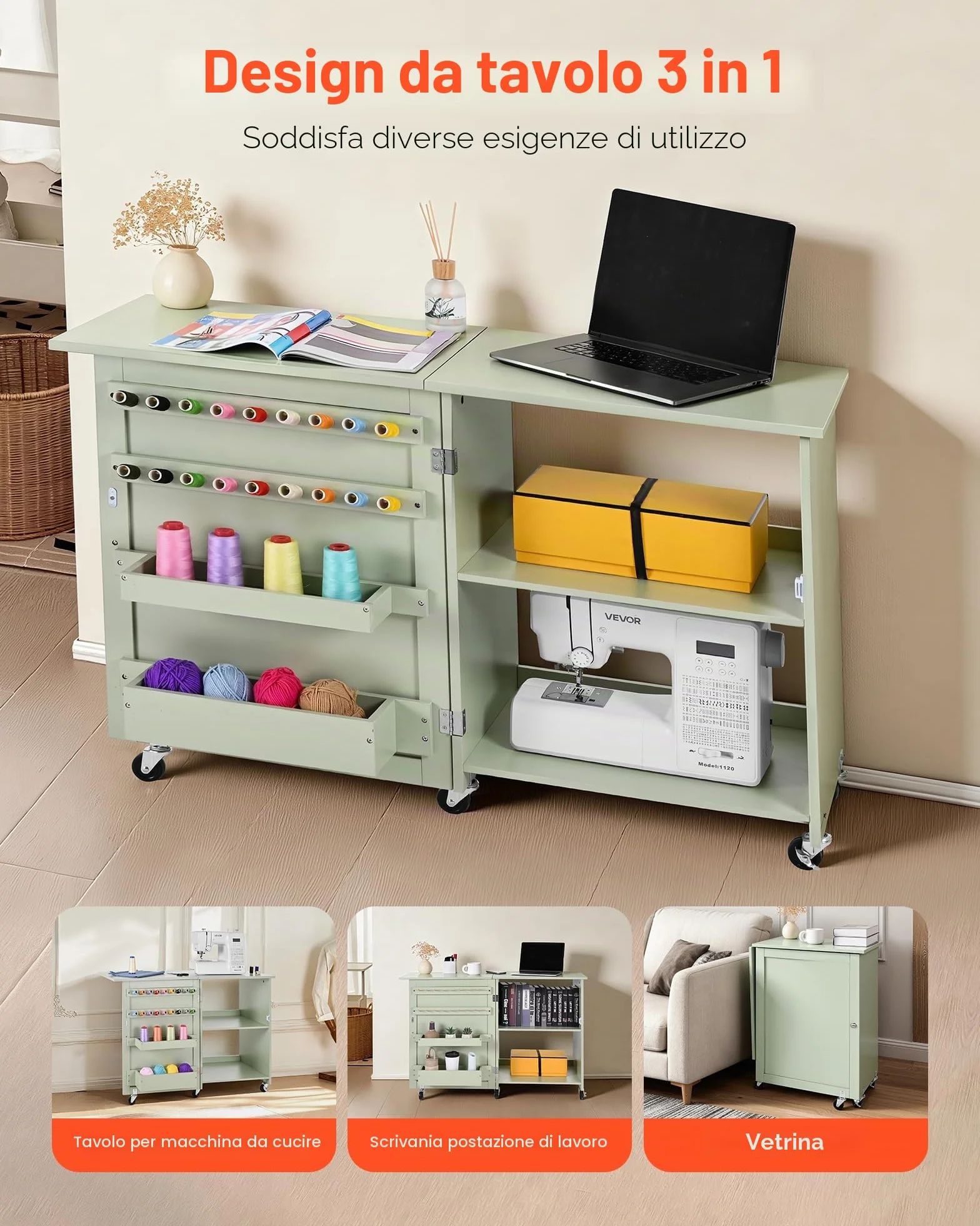 VEVOR Pieghevole Tavolo da Cucito per Macchina da Cucire 18,7 kg Verde Chiaro