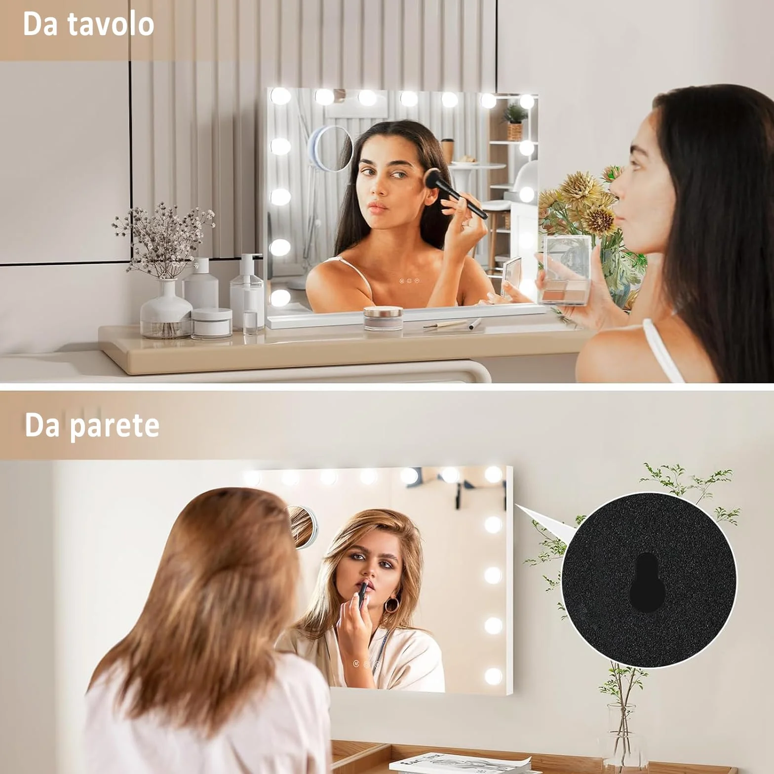 YU YUSING Specchio Trucco con Luci Hollywood, 58X45cm Specchio 15 Lampadine Led Trucco USB, 3 Temperature di Colore, Specchio da Tavolo 10X, Specchio Cosmetico da Parete, Controllo Tattile, Bianco