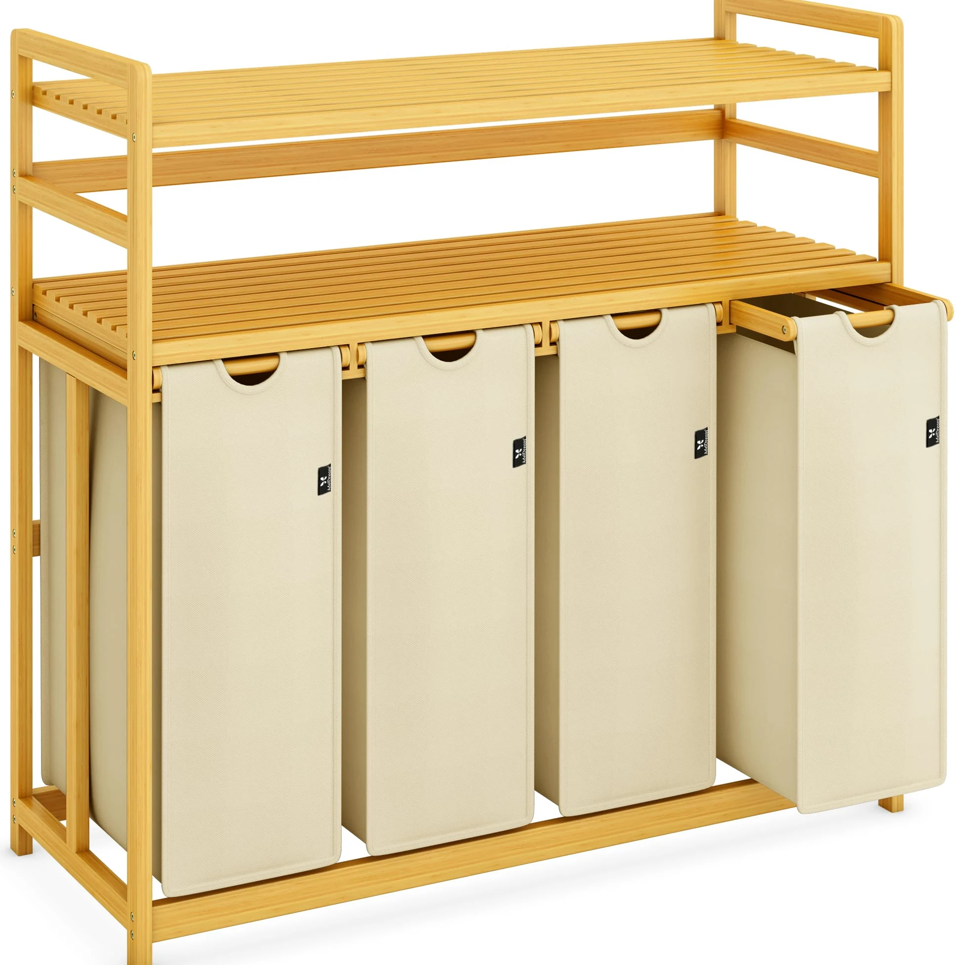 AdelDream Cesto portabiancheria con ripiani 4 scomparti 2 ripiani in bambù estensibile e rimovibile 200L beige