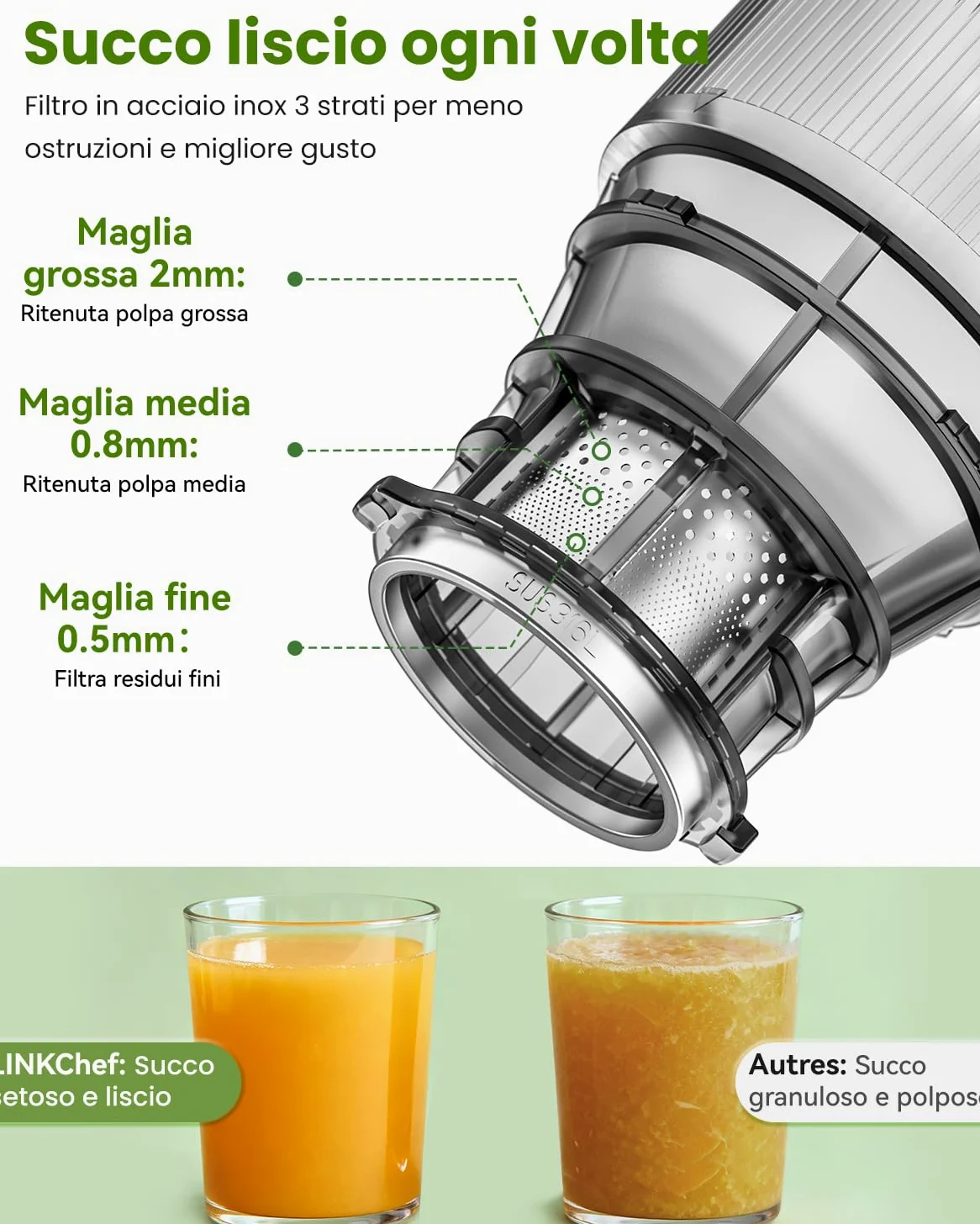 LINKChef Estrattore Frutta e Verdura, Estrattore di Succo a Freddo 250 W con Imboccatura Larga 13 cm, Juicer Machine Senza BPA, 1,8 L, Facile da Pulire, Ricette Incluse