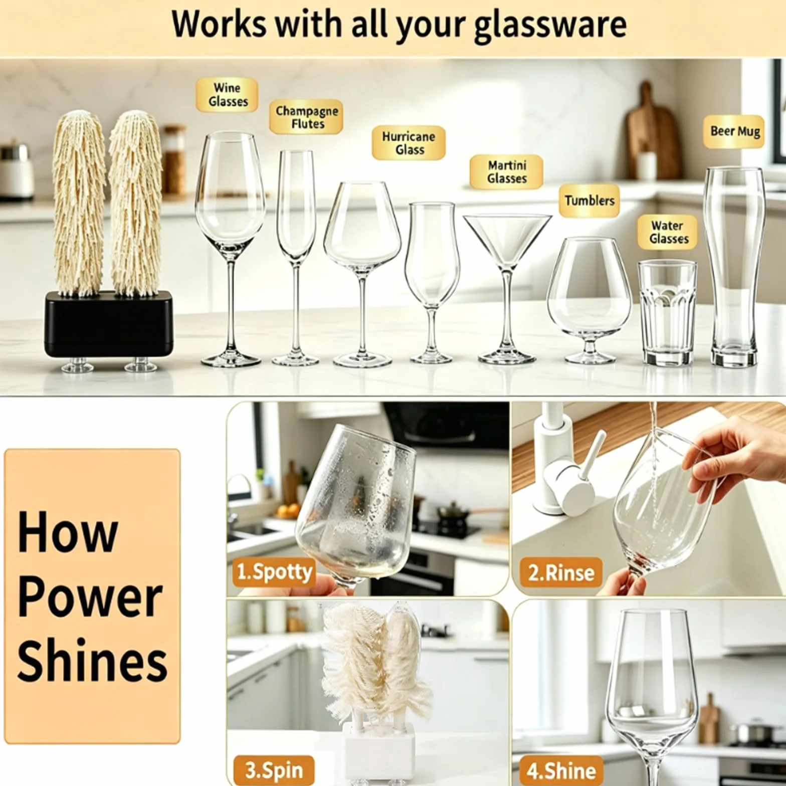 Lucidatore Elettrico per Bicchieri da Vino 600 Giri/min 2 Spazzole Potente Ventosa Asciugatore Compatto Bianco