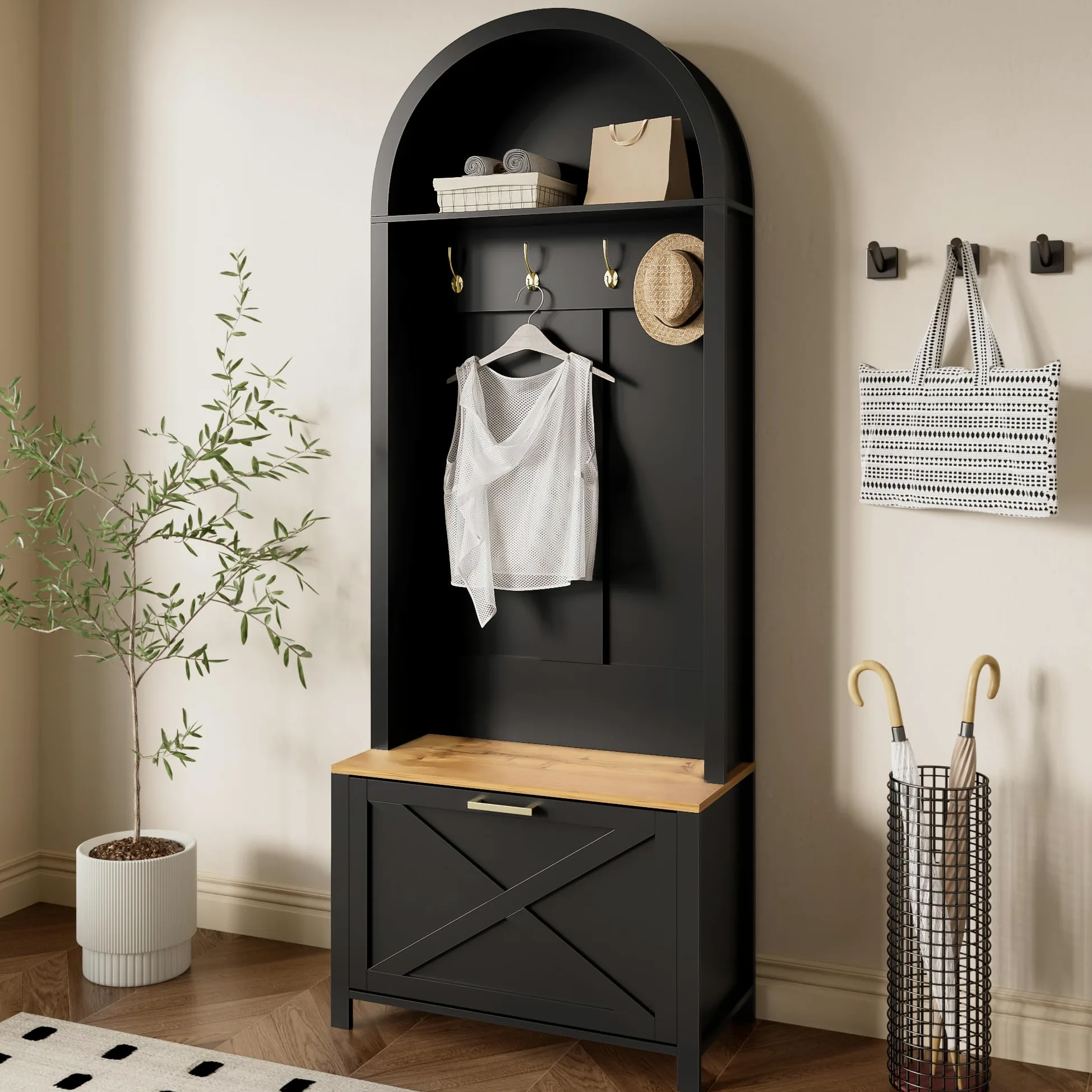 Merax Set di appendiabiti per corridoio, guardaroba compatto, multifunzionale, con scarpiera, ripiano e gancio, per ingresso, nero, 75 x 35 x 195 cm