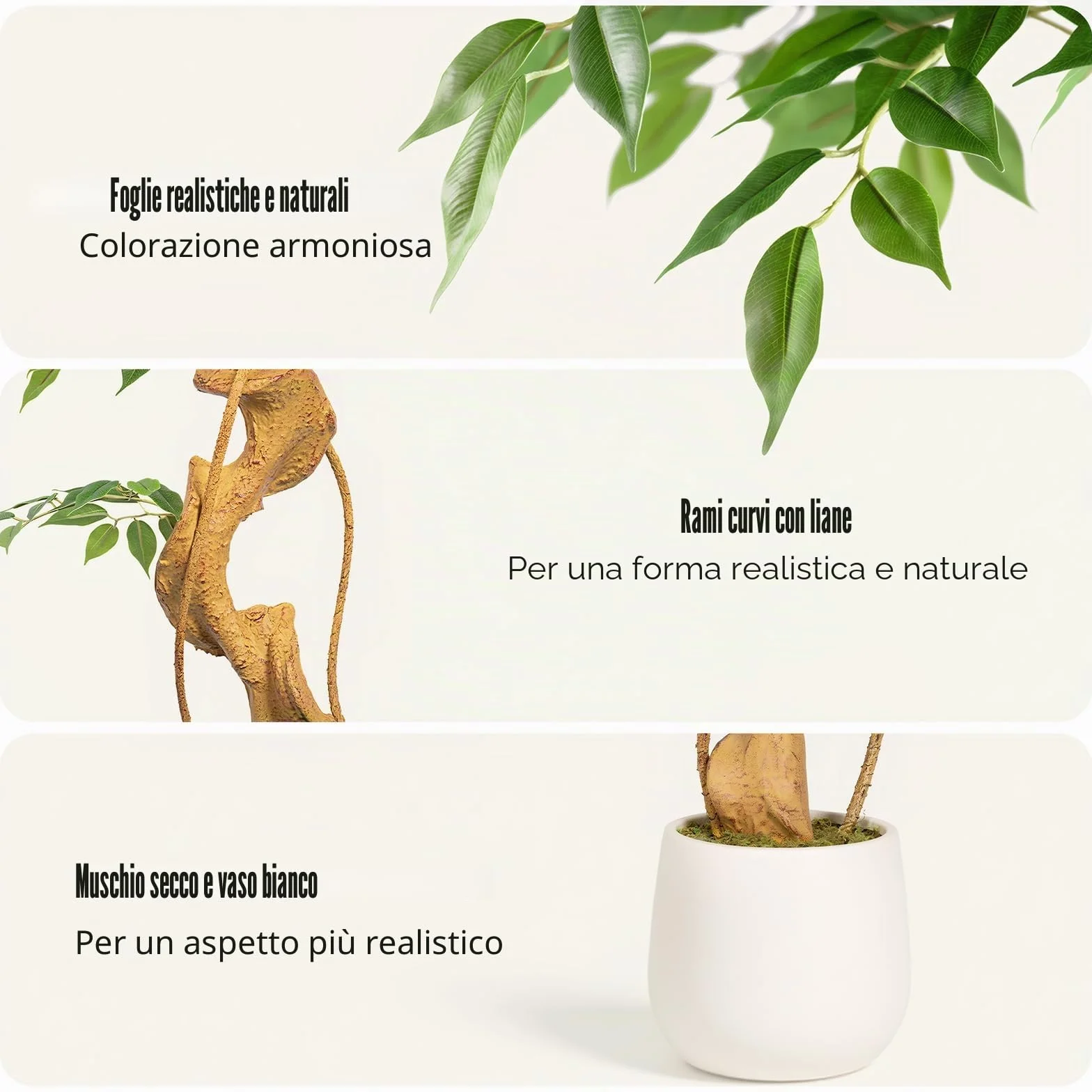 Pianta artificiale, albero di ficus, 120 cm, con vaso bianco, grande come reale, con tronco curvo e 930 foglie, albero artificiale per decorazione di interni, soggiorno, camera da letto