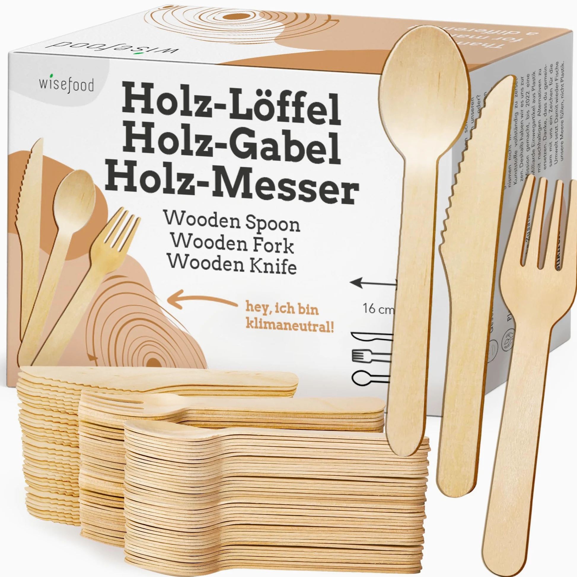 Wisefood - Set di posate monouso in legno di betulla, 100 forchette, 100 coltelli, 100 cucchiai in legno, set da 300 posate monouso da 16,5 cm, biodegradabili e infrangibili (10 pezzi)
