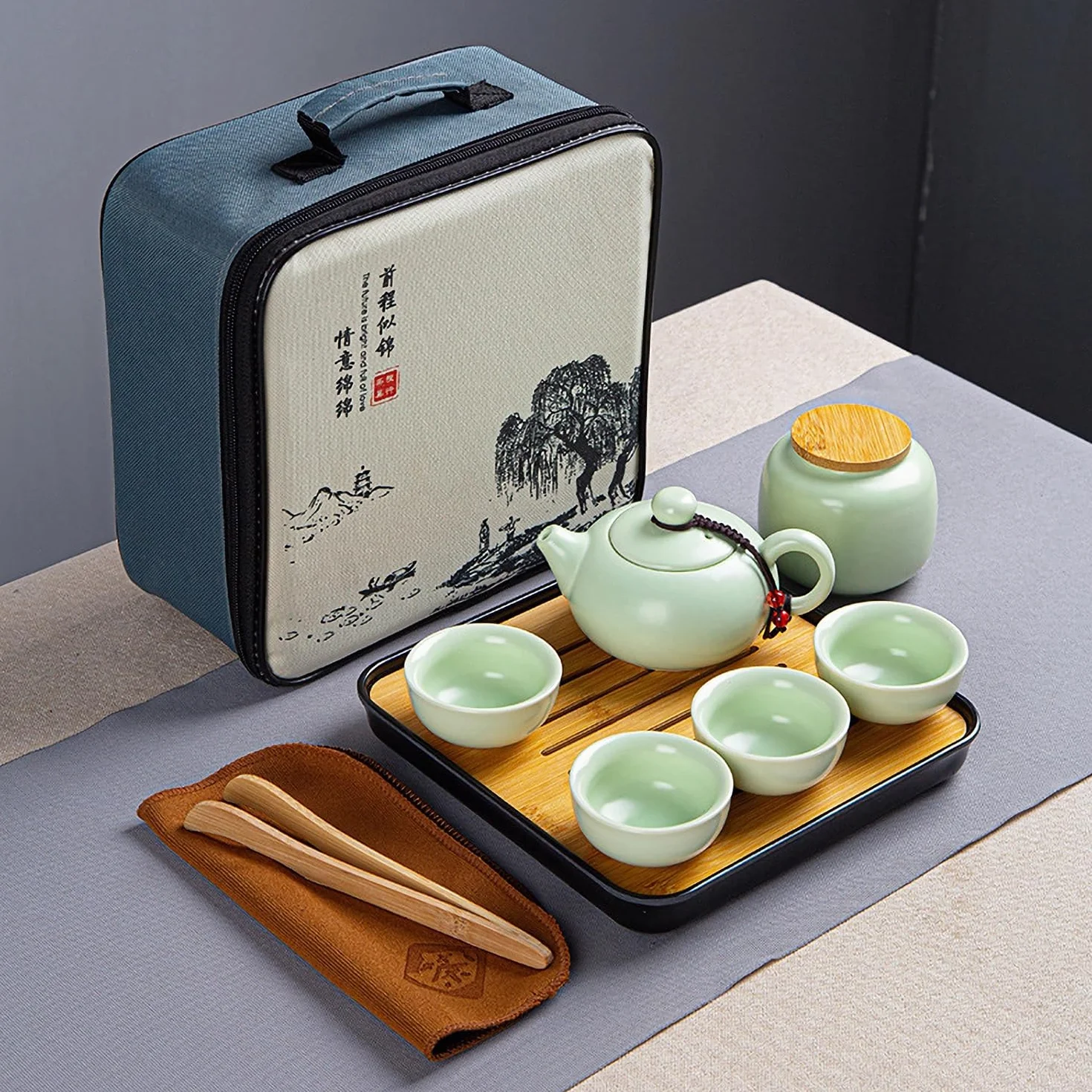 Set di Teiera Cinese Kungfu - Servizio da Tè in Ceramica con 4 Tazze, Lattina e Vassoio da Viaggio