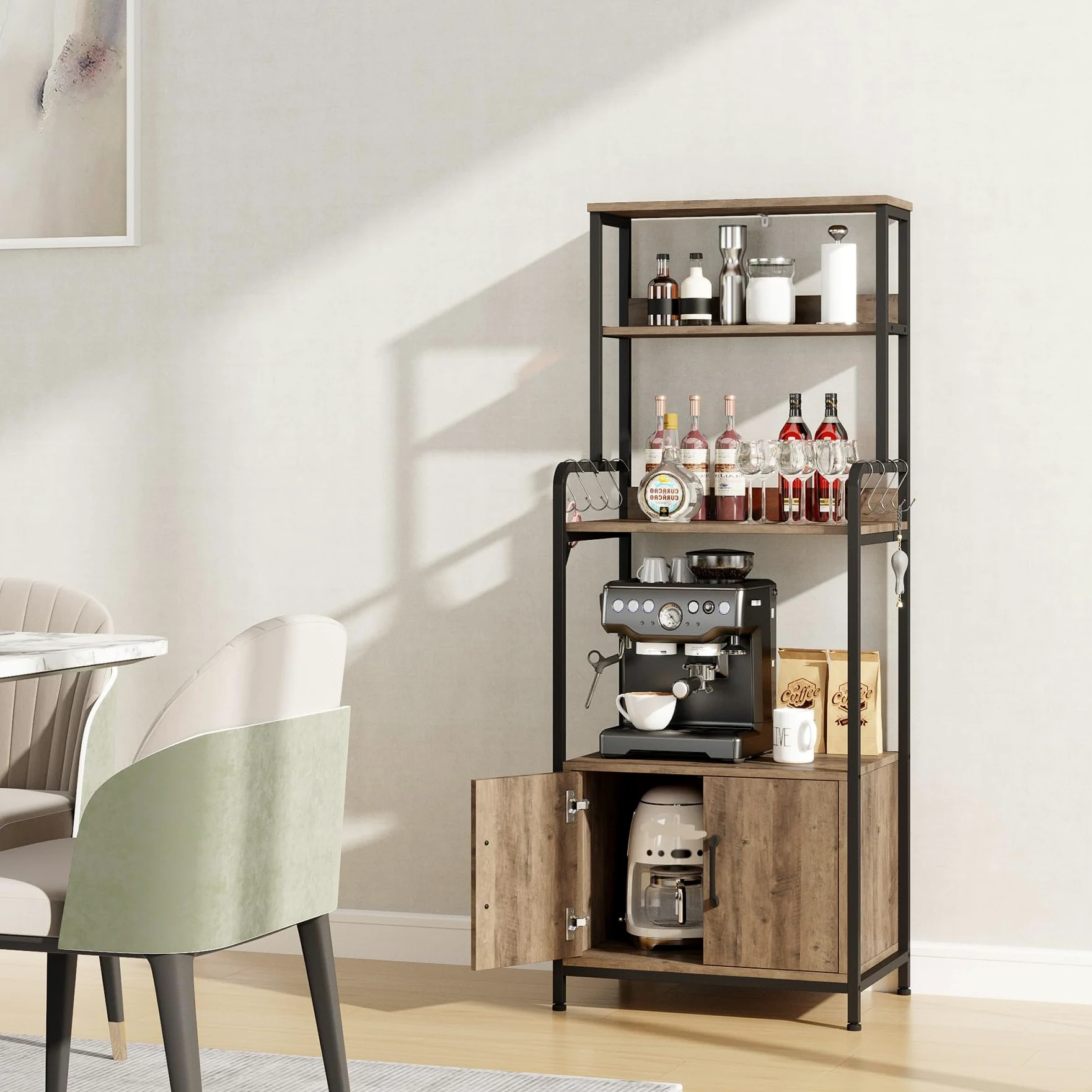 HOCSOK Scaffale da Cucina, Armadio da Cucina, Mobile per Microonde con 2 Ante, 4 Scaffale e 8 Ganci, Mobile Ausiliario per Stoviglie, Spezie, Legno, 60x40x149cm, Antico