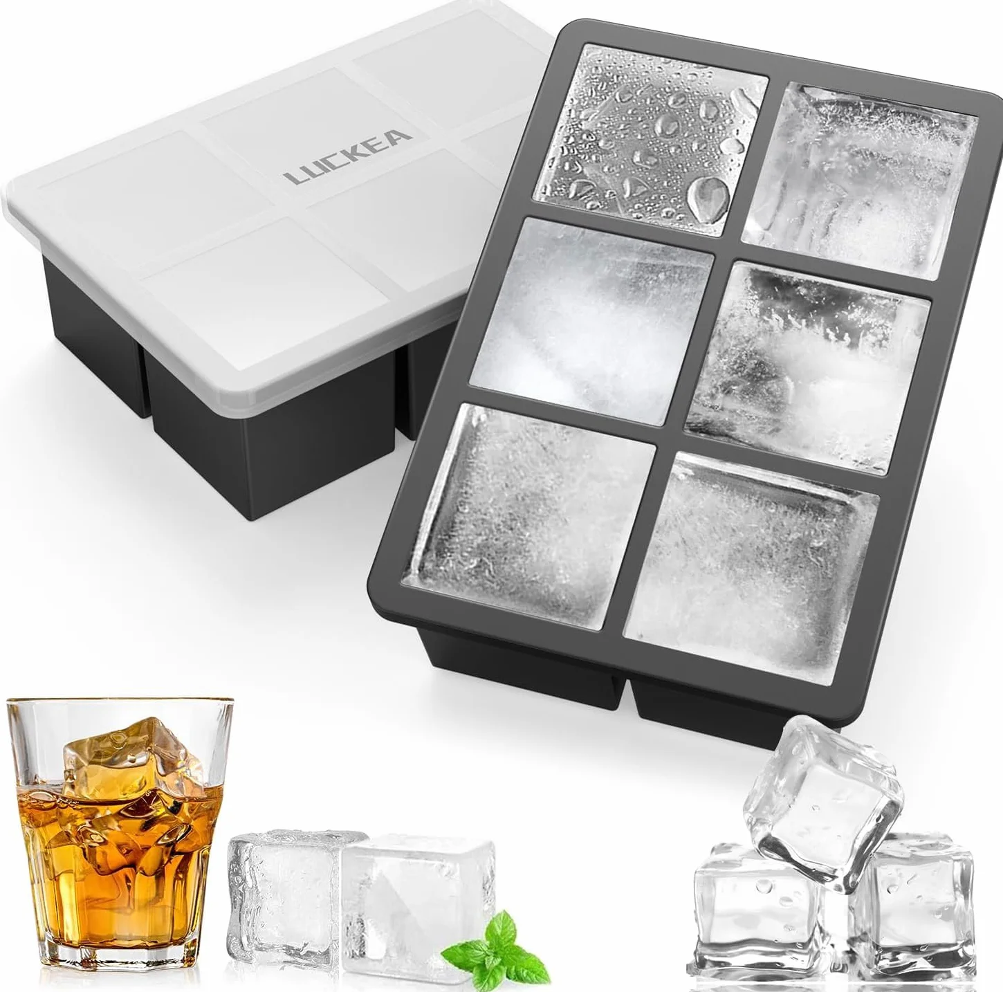 Stampo Ghiaccio Grande Silicone con Coperchio 2 Pezzi, Senza BPA, Impilabile per Whisky Cocktail Succo Gelato