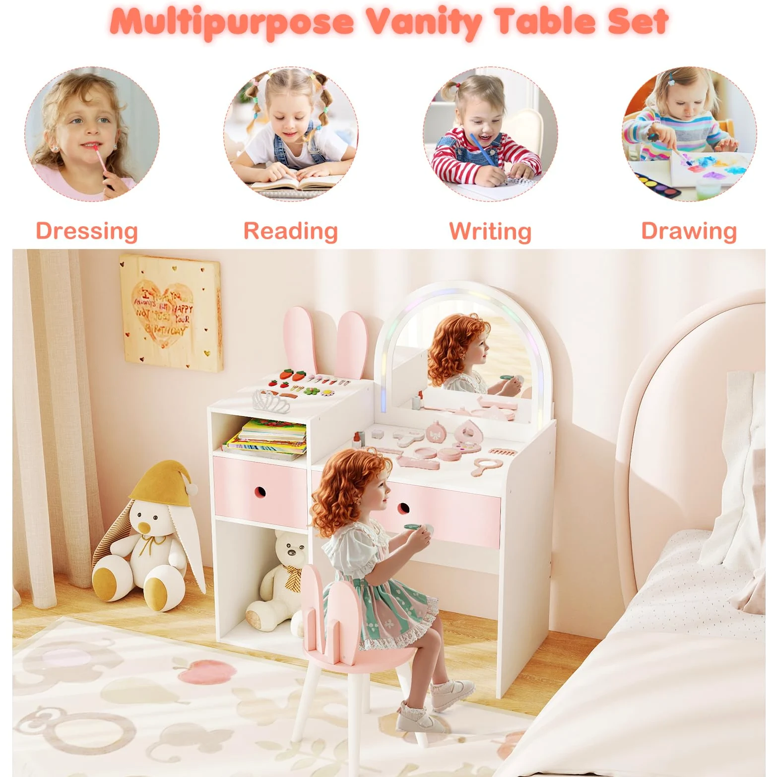 LIFEZEAL Specchiera Trucco per Bambina 3+Anni, con Luci, Sgabello, Sedia, Toeletta Tavolo, Forma di Coniglio, Postazione Make up, Vanity, Cassetti, Scomparti Aperti, Accessori, Cameretta (bianco)