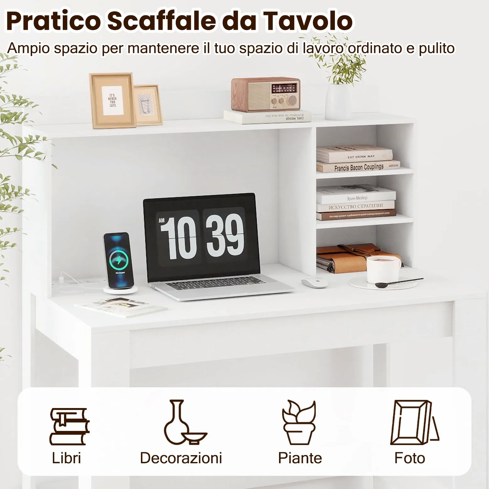 COSTWAY Scrivania per Computer con Libreria, Scrivania Salvaspazio in Legno con Stazione di Ricarica e Foro per Cavi, Scrittoio Moderno per Ufficio, Soggiorno e Studio, 108 x 60 x 125 cm (Bianco)