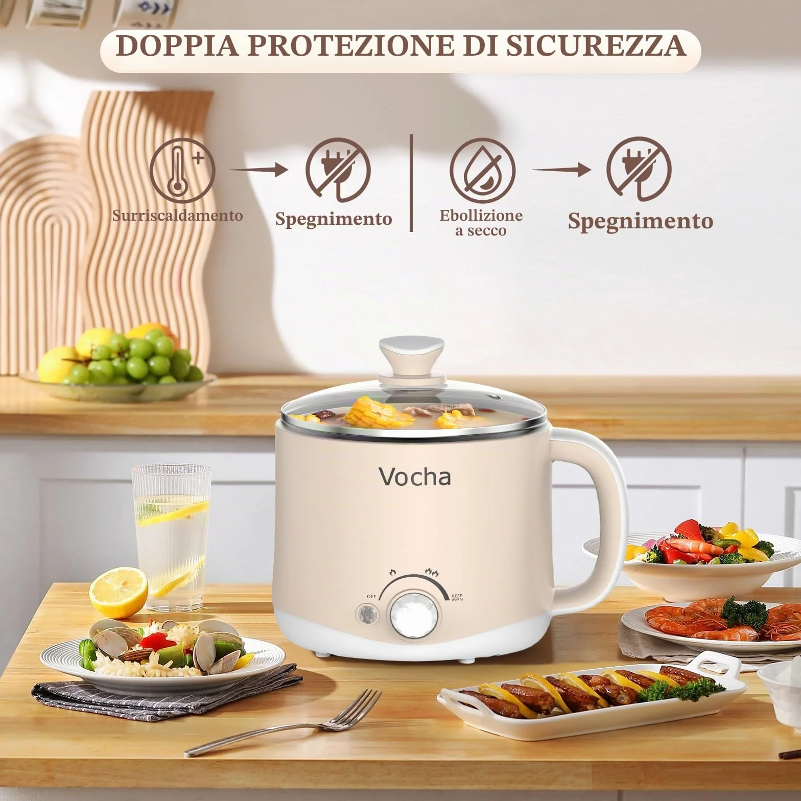 Vocha Pentola Elettrica Antiaderente 1,6L con Keep Warm, Fornello da Viaggio Portatile, Multi-Cottura, Beige