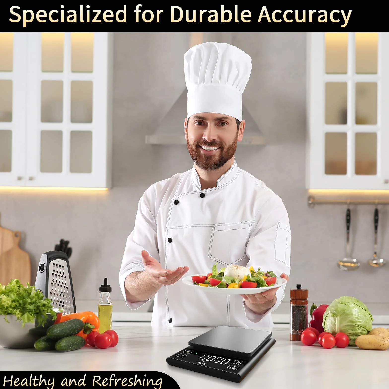 Vitafit 5kg Bilancia Cucina Digitale, Precisione 0.1g dalla Nostra Bilancia Fabbrica Professionale Dal 2001, Bilancia Alimentare Funzione Percentuale per cucinare & caffè, Acciaio Inox, LED, Nero
