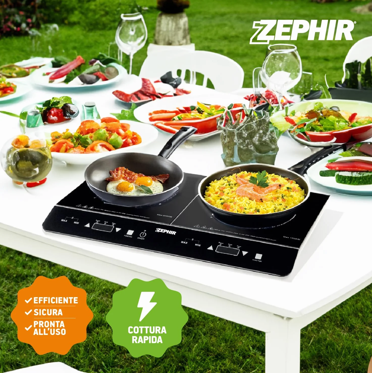 Zephir, Doppia Piastra a Induzione Portatile Potenza Max 2800W, 10 Livelli di Temperatura e di Potenza, Piastre in Vetro Temperato per Pentole Diametro 12-26 cm, Timer 180 Minuti (Doppia)