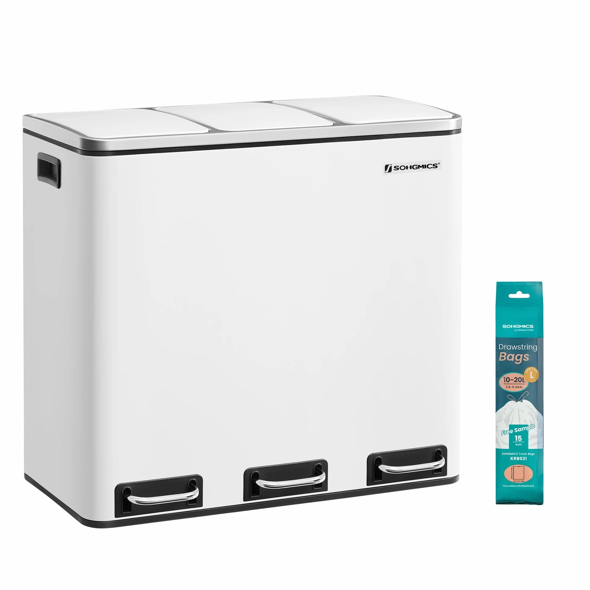 SONGMICS Cestino da Cucina, Pattumiera per Raccolta Differenziata 3 x 18L, 3 Scomparti per Riciclaggio, Coperchi a Chiusura Morbida, Pedali, Acciaio, Bianco Nuvola LTB54WT