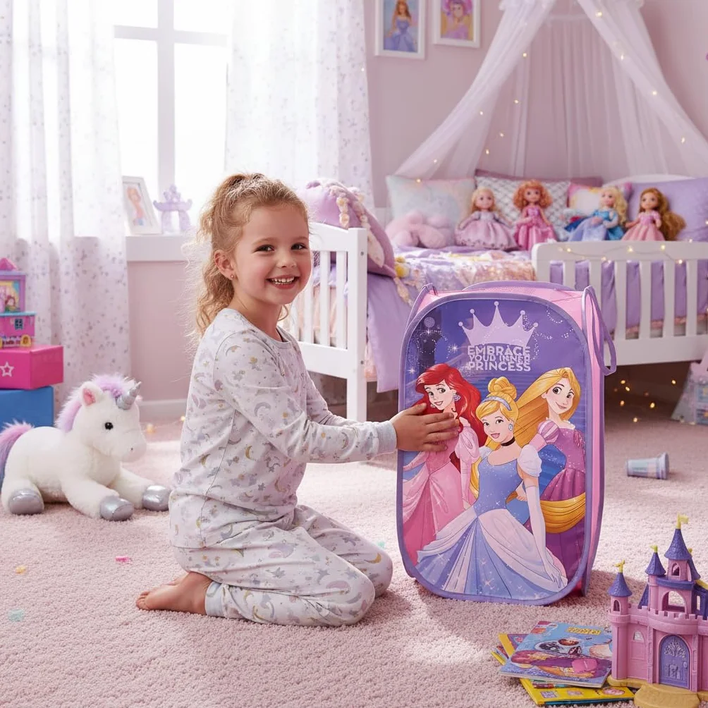 SUPERDIVER - Cesto pieghevole Principesse Disney - Licenza Ufficiale Disney Princess - Perfetto per giocattoli e vestiti - 36x36x58 cm - Ideale per bambini e bambine.