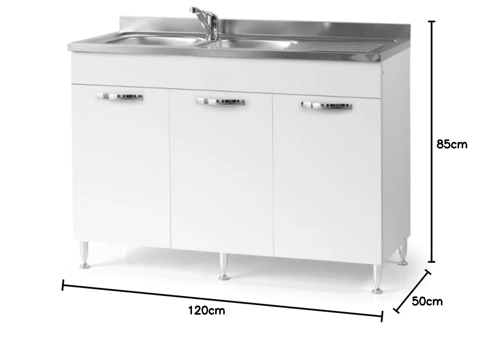 Linea Azzurra Sottolavello 120 Solo Mobile Cucina con 3 Ante in Legno Made in Italy H85xL120xP50 cm Facile da Montare (Vasca a Sinistra, Bianco Frassinato)