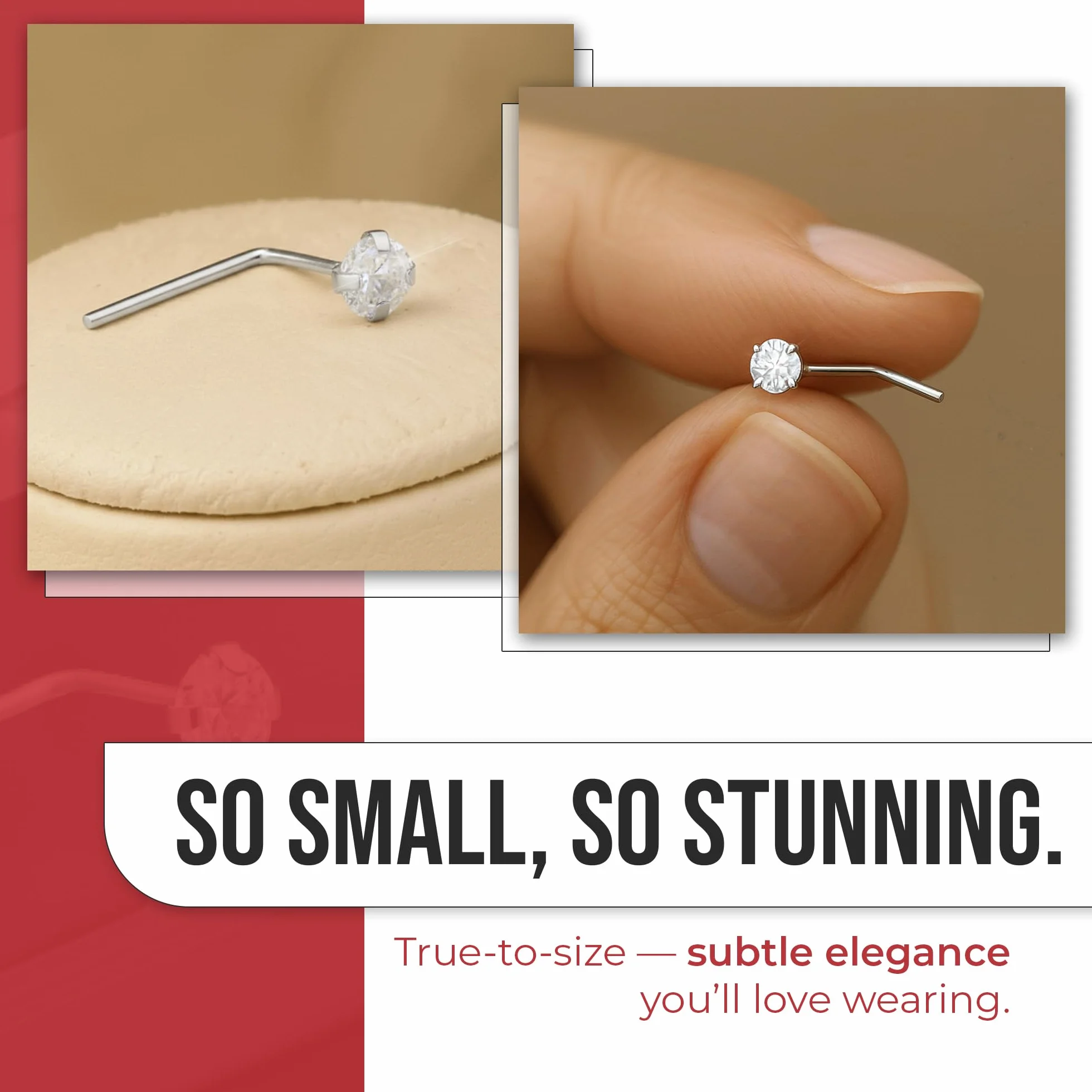 Perno del naso Piercing in Oro Bianco 9k con CZ Rotondo Forcone L Bend