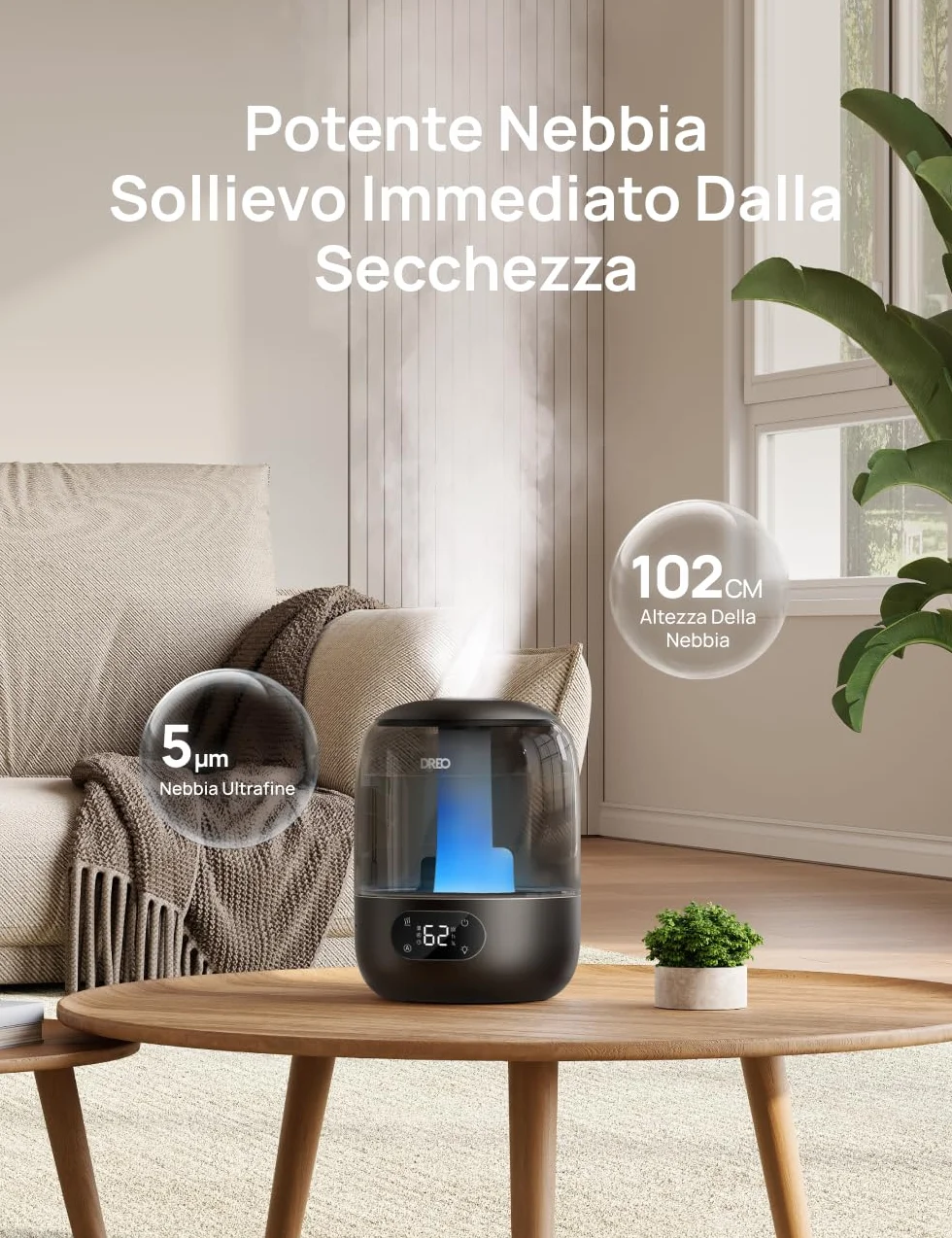 Dreo 3L Umidificatore Ambiente Bambini Silenzioso 26dB con Sensore di Umidità, Ultrasuoni Nebbia Fresca, Ugello 360°, 30h Autonomia, Diffusore Oli Essenziali, Luce Ambientale, per Casa e Piante, Nero