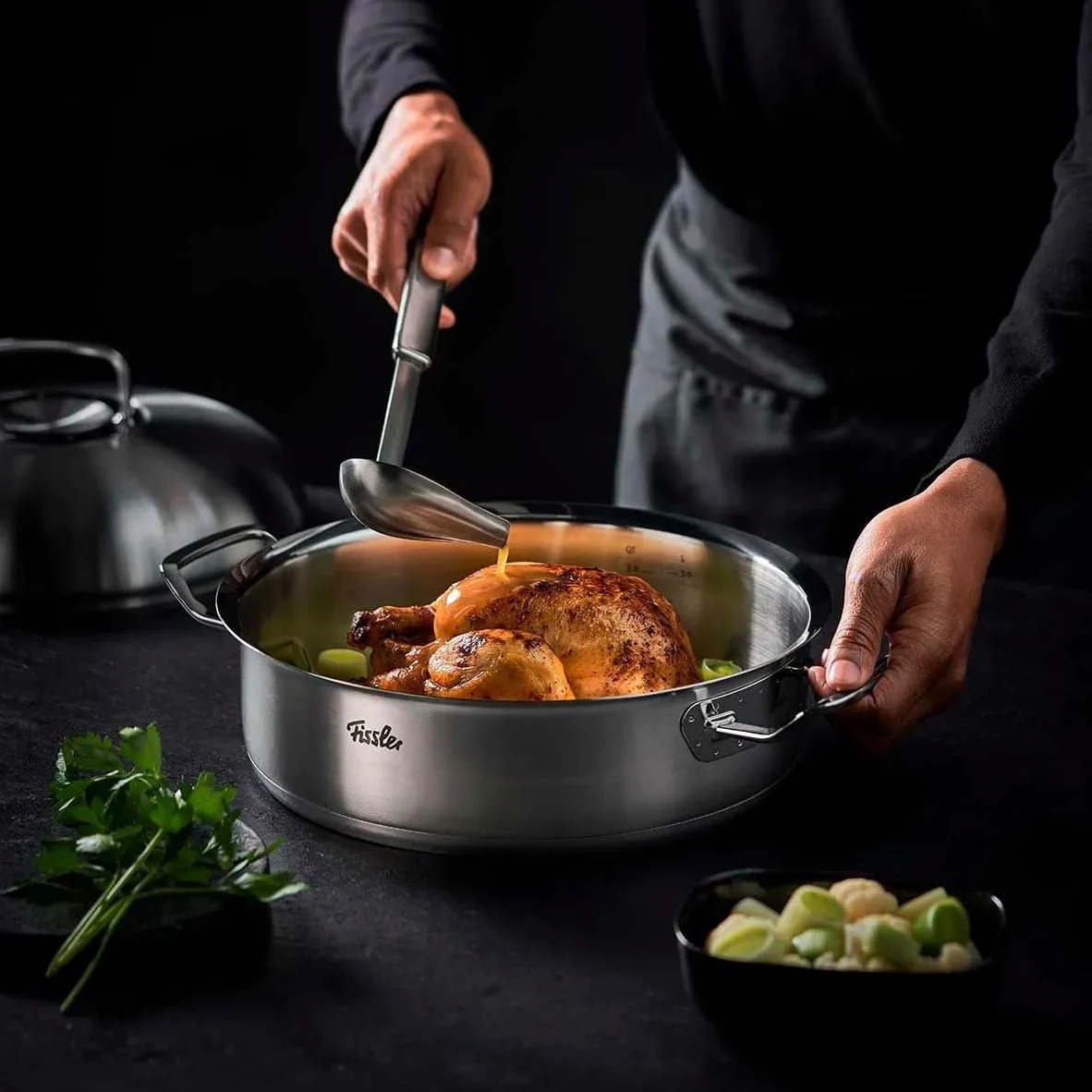 Fissler Original,Profi Collection Rostiera in acciaion inox 4.8 L, 28 cm, pentola rotonda per brasati, con coperchio in metallo, per cottura a induzione
