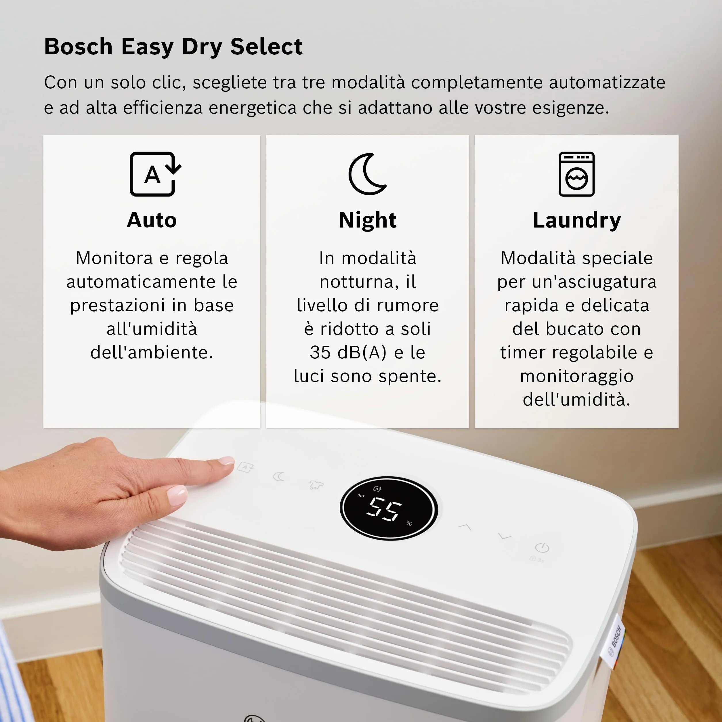 Bosch Dry 2000 - Deumidificatore - Facile. Efficiente. Tranquillo. Per la tua casa e la tua camera da letto - Per Stanze fino a 24 m² - Asciugatura rapida per il tuo bucato