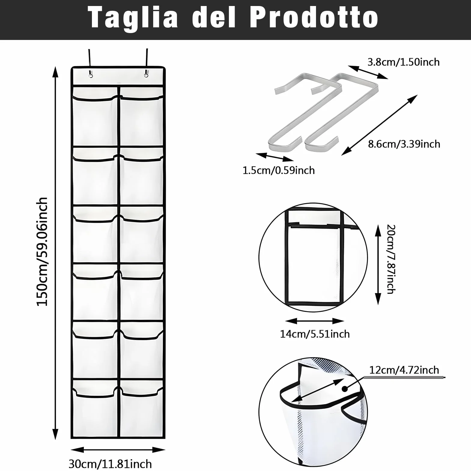 Pieghevole Organizer da Appendere con Gancio, Porta Scarpe a 12 Scomparti, Senza Perforazione