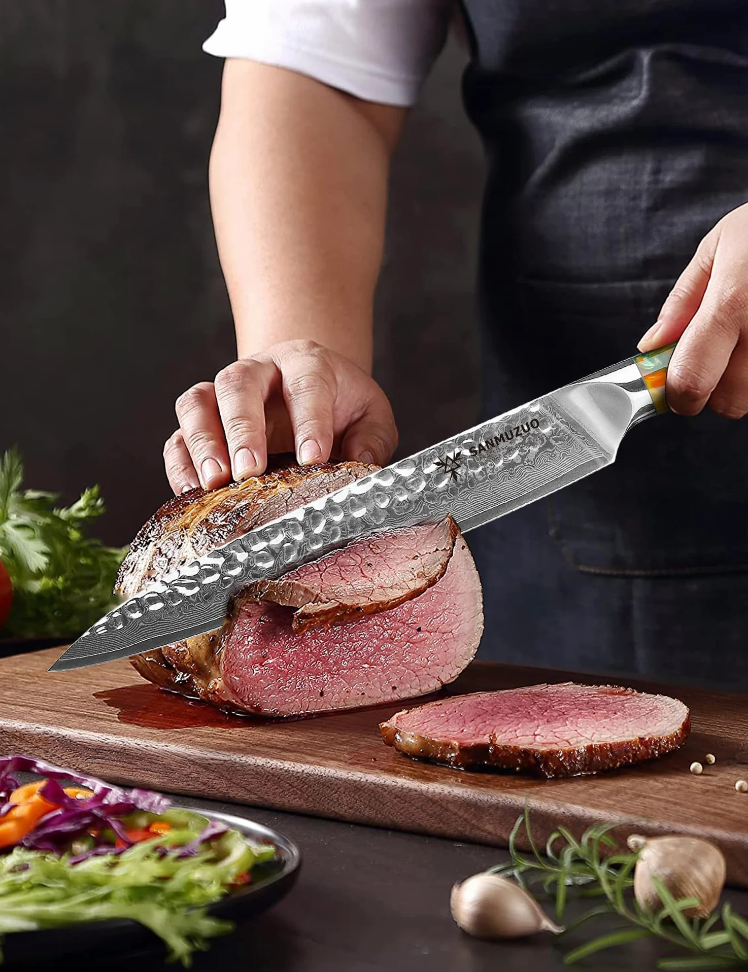 Coltello da intaglio da 20 cm, coltello per affettare la carne, coltello giapponese per sushi - acciaio damasco martellato e manico in resina - Serie YAO