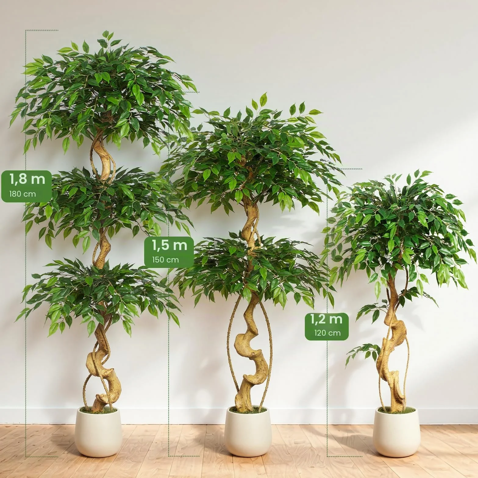 Pianta artificiale, albero di ficus, 120 cm, con vaso bianco, grande come reale, con tronco curvo e 930 foglie, albero artificiale per decorazione di interni, soggiorno, camera da letto