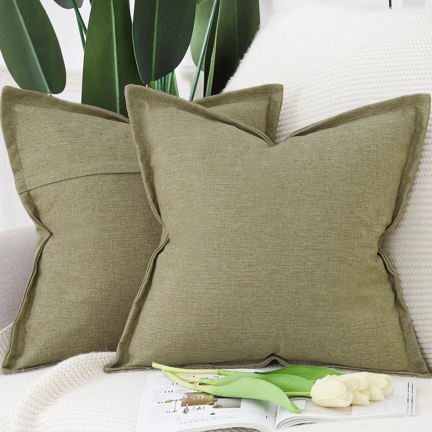 Madizz 2 Pezzi Poliestere Lino Copricuscini con bordo largo Morbido Decorativo Fodere per Cuscino Lusso Stile per Divano Camera da Letto 45x45 cm Verde muschio