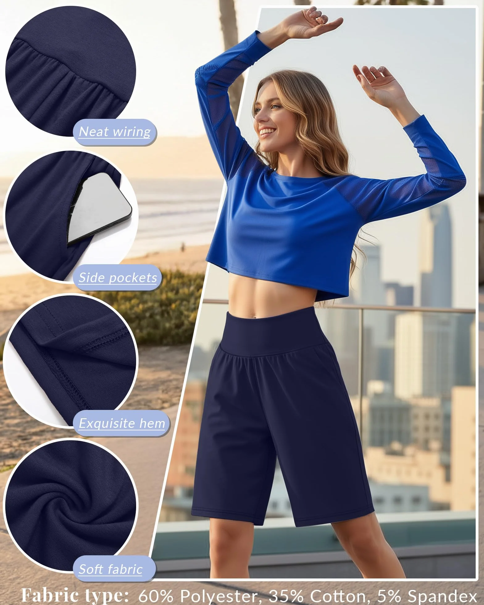 Neer Confezione da 3 Bermuda da Donna a Vita Alta, Elasticizzati Casual, Lunghezza al Ginocchio Estivi Atletici con Tasche